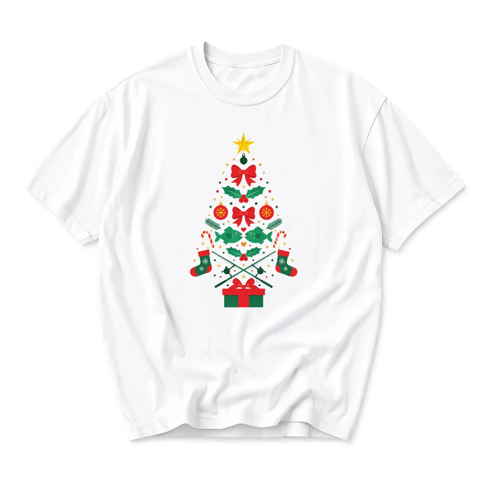 T-shirt Fishing Christmas Tree Graphic Tee Unisex Holiday Crew Neck Top for