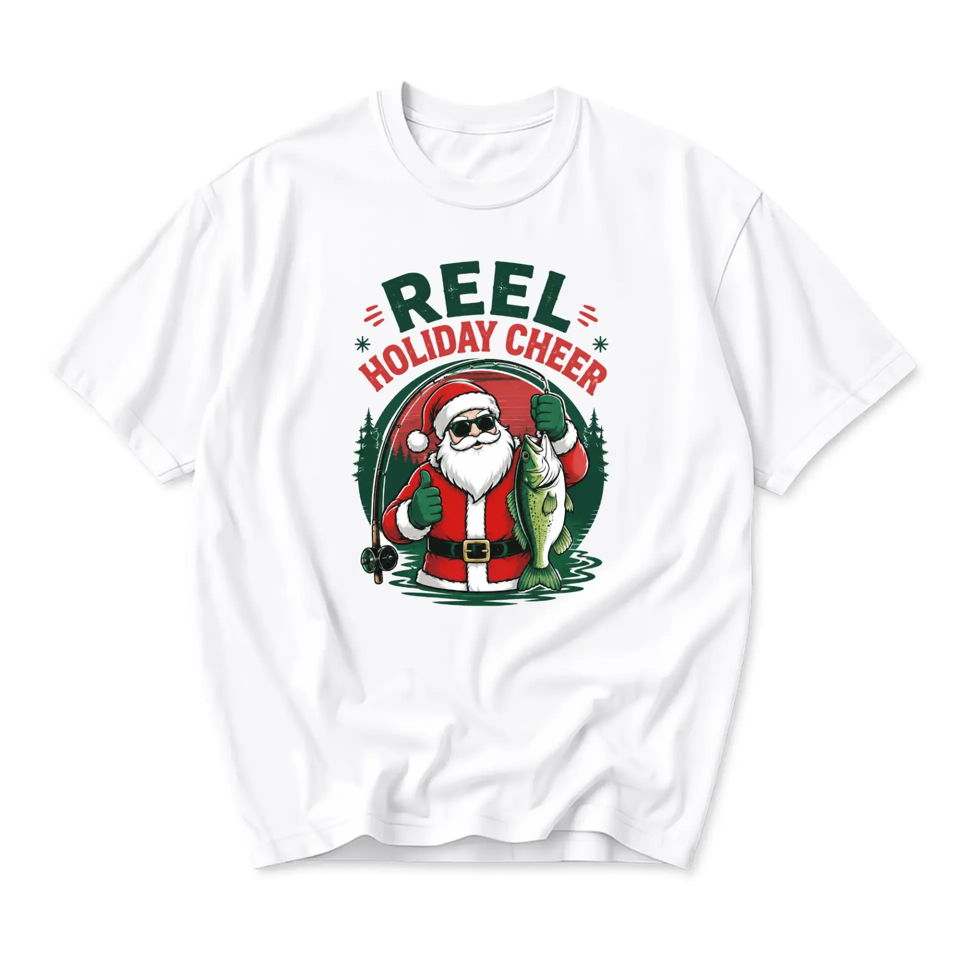Funny Shirt Reel Holiday Cheer Santa Fishing Graphic Tee Unisex Casual Crew