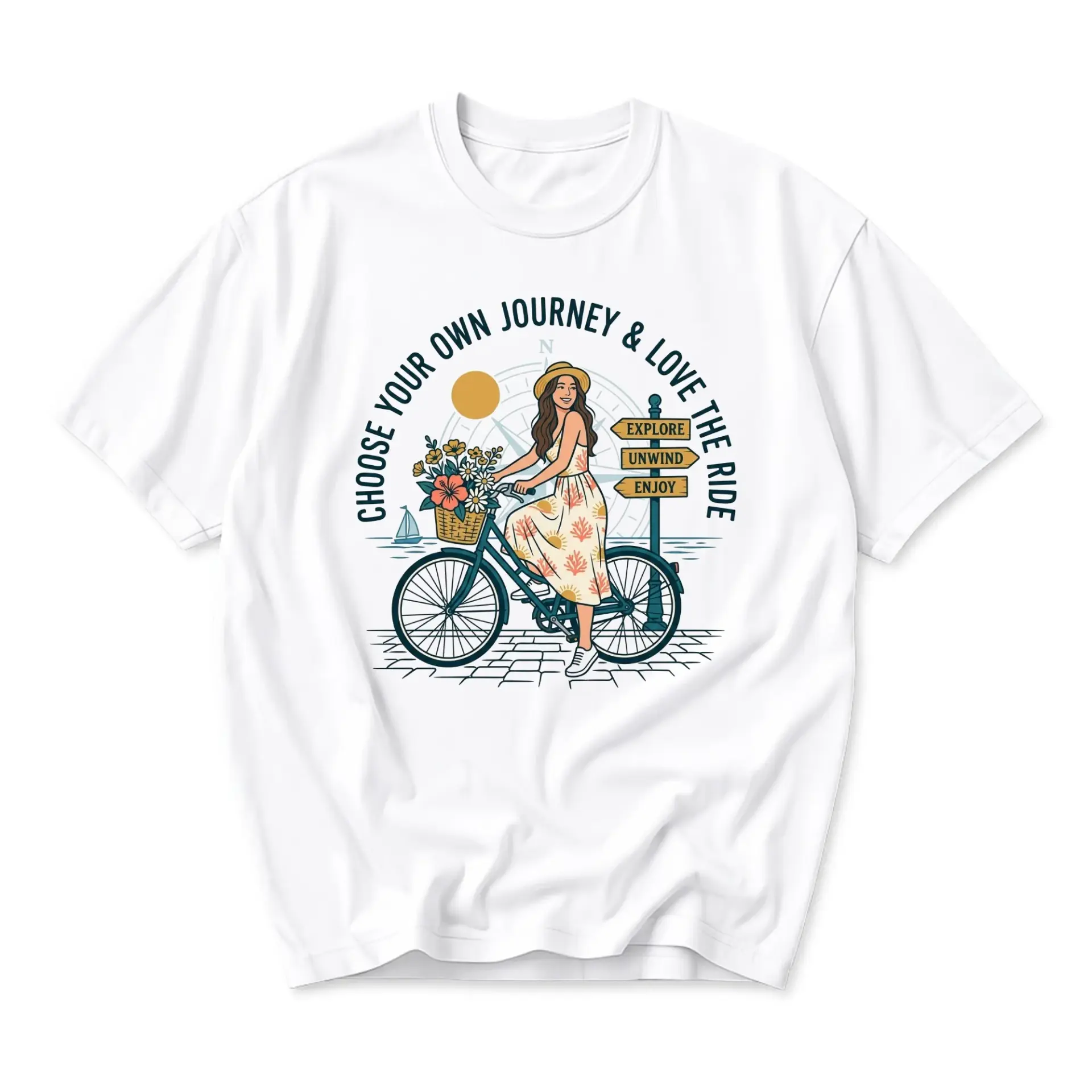 Graphic Tee Unisex Crew Neck Short Sleeve Shirt Featuring Woman Riding Bicycle with Flowers Artistic Design