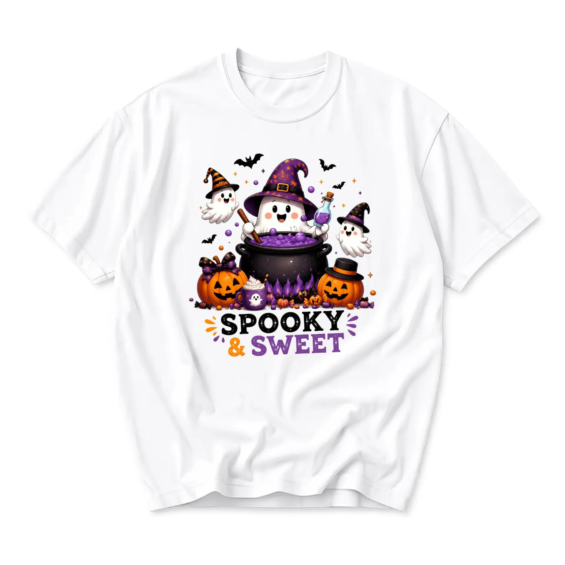 Graphic Tee Spooky and Sweet Halloween Ghost Witch Illustration Unisex Crew Neck Short Sleeve Casual Cotton T-Shirt