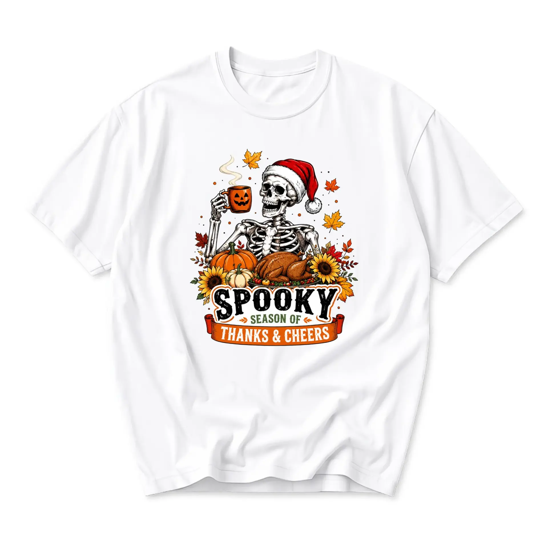 Graphic Tee Spooky Season of Thanks and Cheers Skeleton Pumpkin Fall Festive Unisex Casual Short Sleeve Crew Neck Shirt