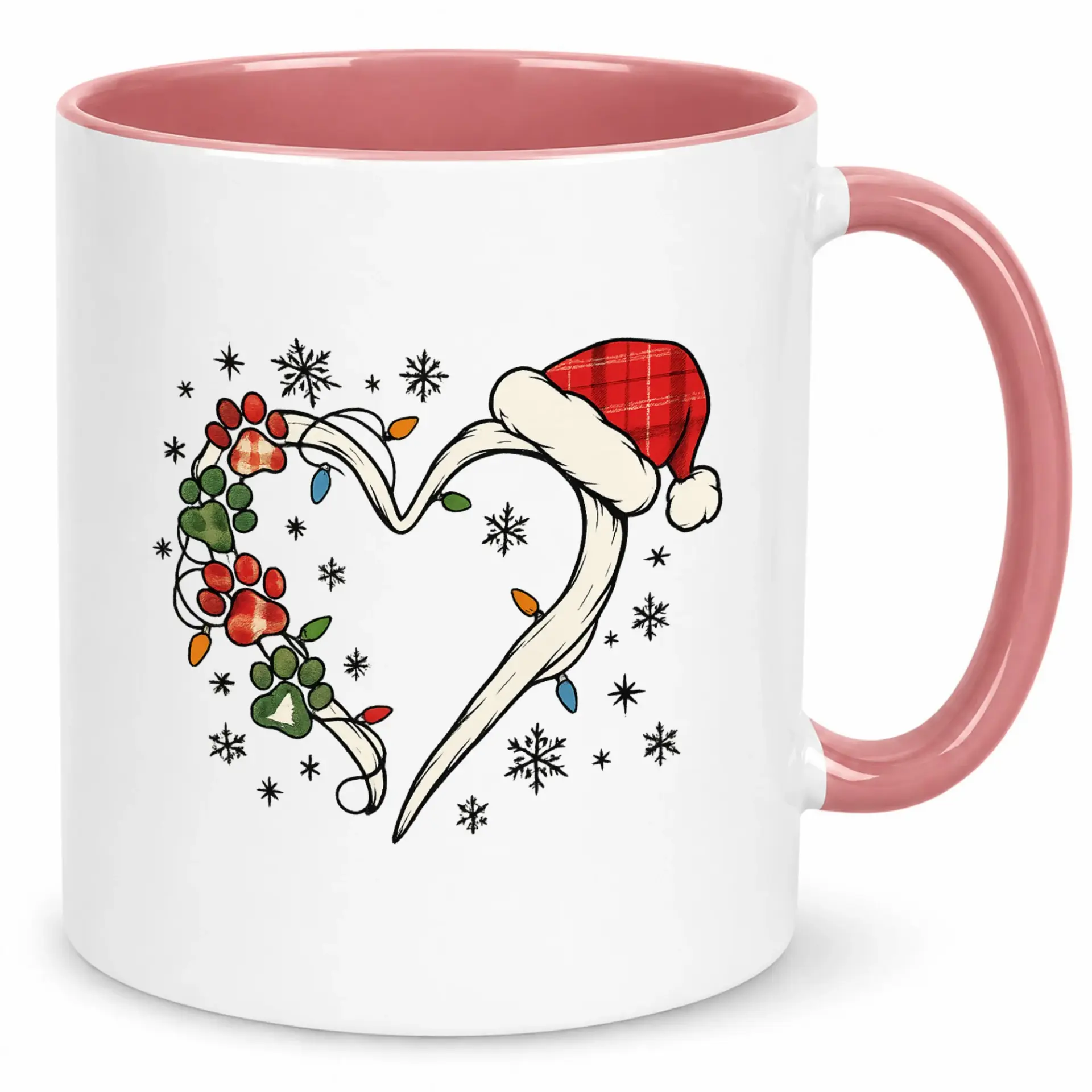 Christmas Pet Paw Print Heart Coffee Mug with Santa Hat and Holiday Lights Design, Ceramic Beverage Cup for Winter Season Home & Office Use