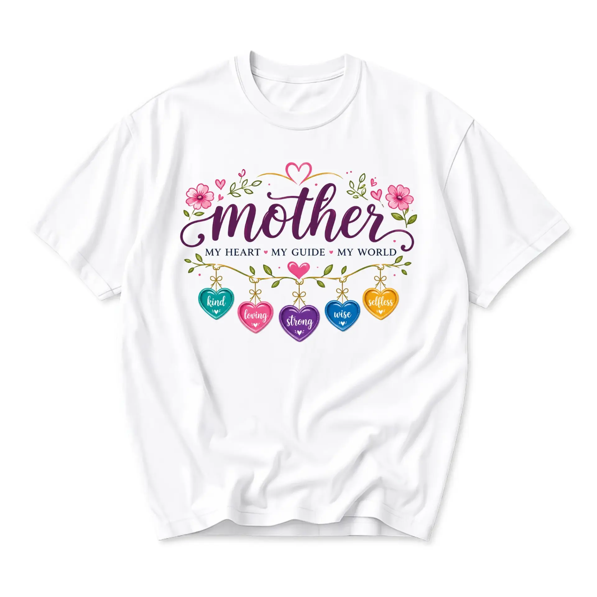 Graphic Tee Mother My Heart My Guide My World Inspirational Floral Heart Design Unisex Crew Neck Casual Shirt