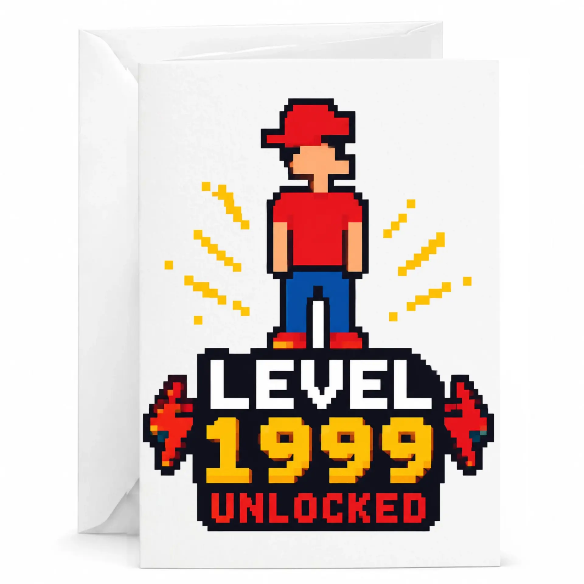 Funny Birthday Card Level 1999 Unlocked Pixel Art Gaming Greeting Card for Video Game Enthusiasts and Retro Gamers