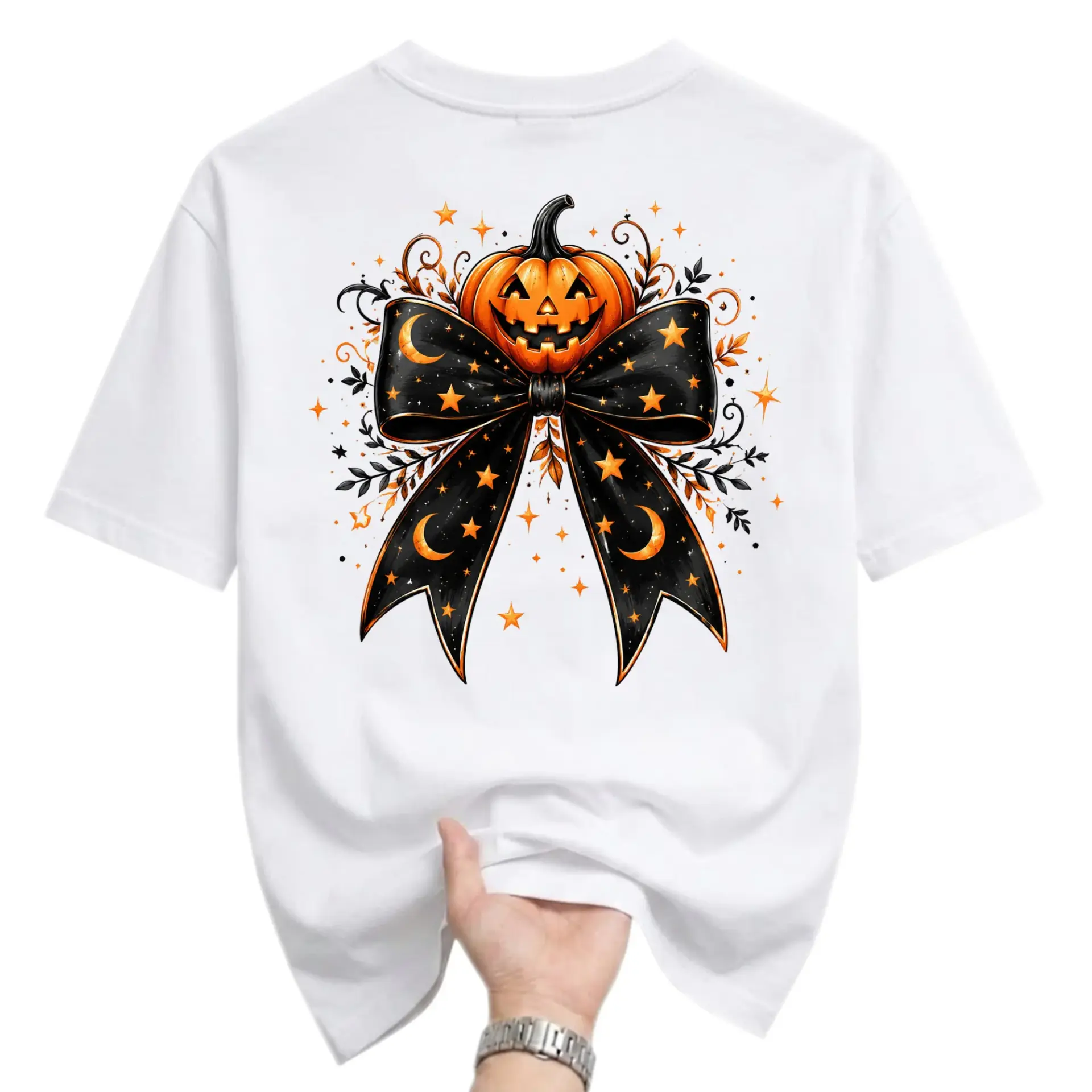 Graphic Tee Pumpkin with Celestial Bow Design Unisex Casual Crew Neck T-Shirt Soft Breathable Cotton Blend Summer Top