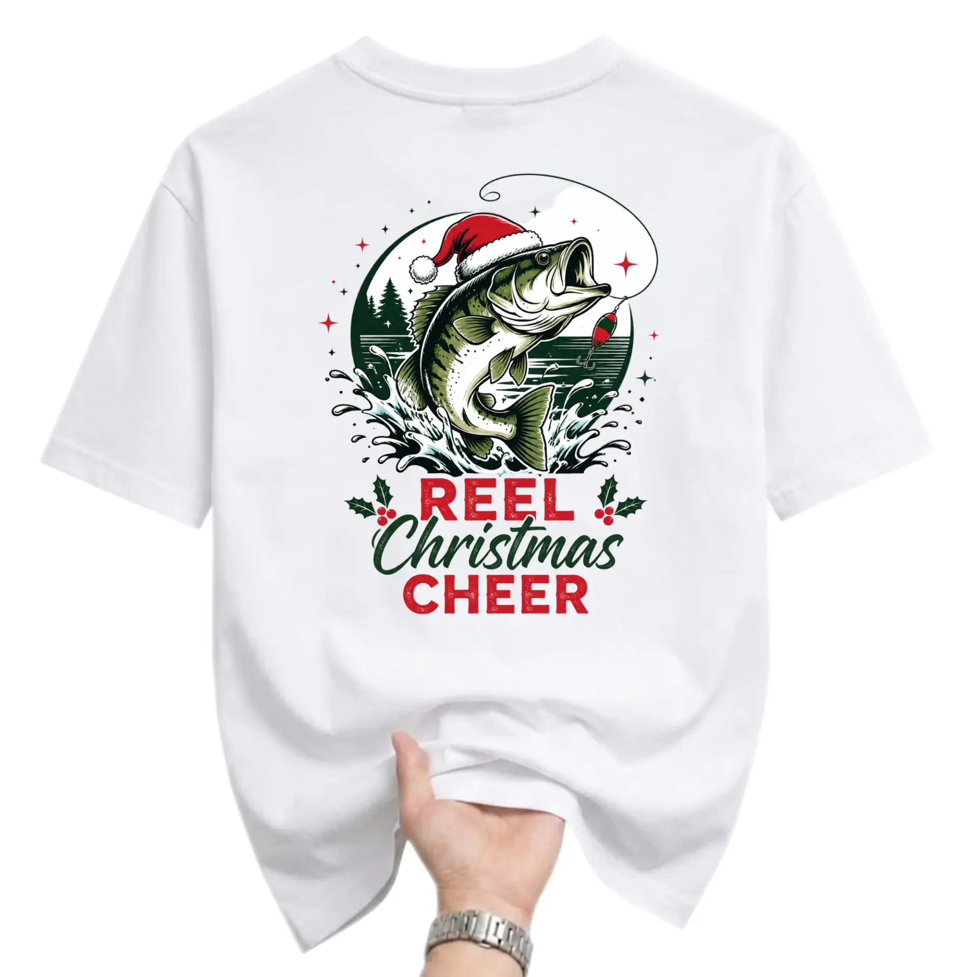 Funny Shirt Reel Christmas Cheer Fishing Graphic Tee Unisex Short Sleeve Casual Holiday Apparel White
