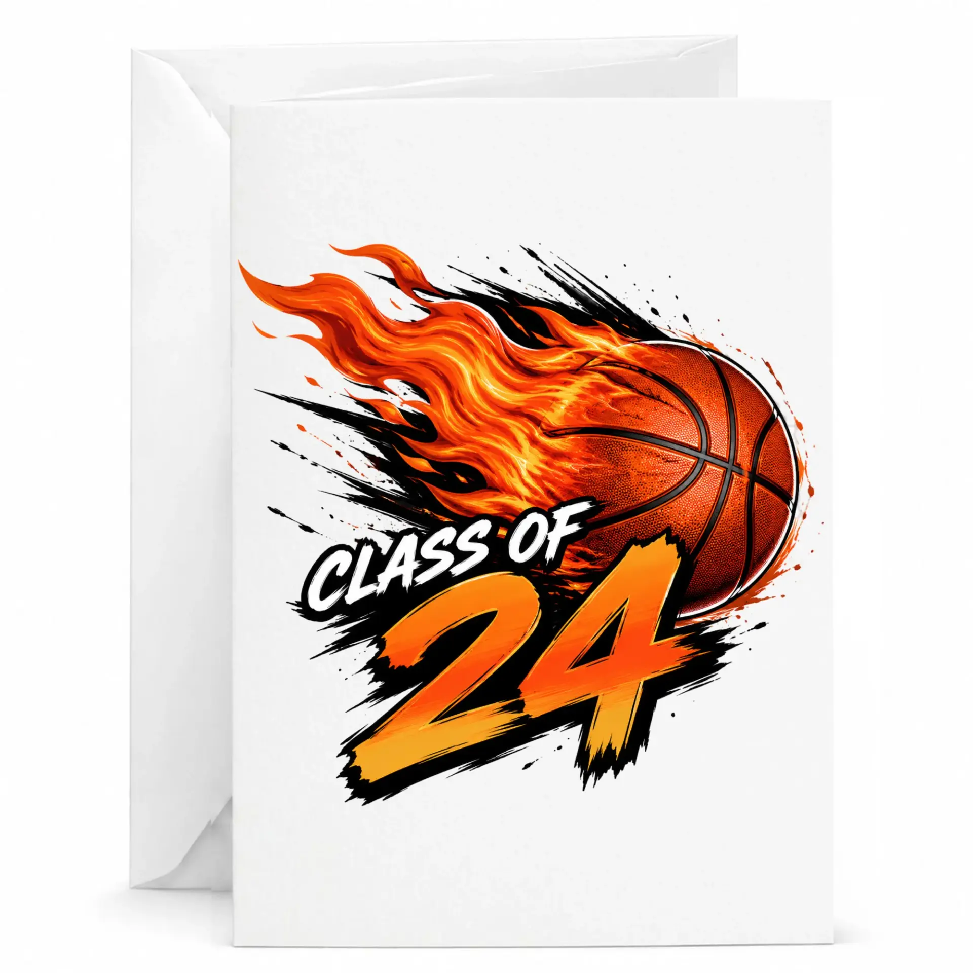 Greeting Card Class of 24 Basketball Theme with Flaming Sports Ball Design for Graduation and Milestone Celebrations
