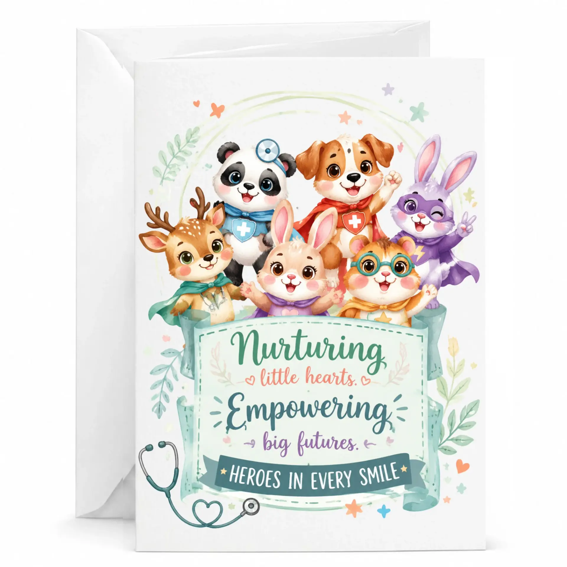 Greeting Card with Cute Animal Heroes and Stethoscope Illustration, Encouragement and Thank You Appreciation Card