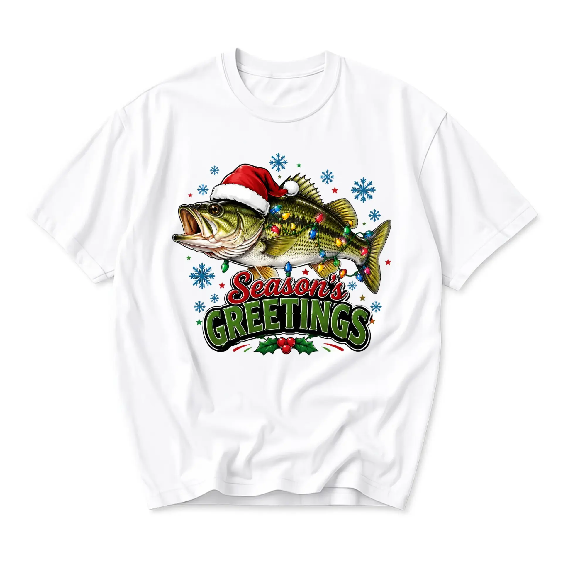 Graphic Tee Season Greetings Fish Unisex Crew Neck T-Shirt Holiday Apparel for Casual Wear and Festive Style