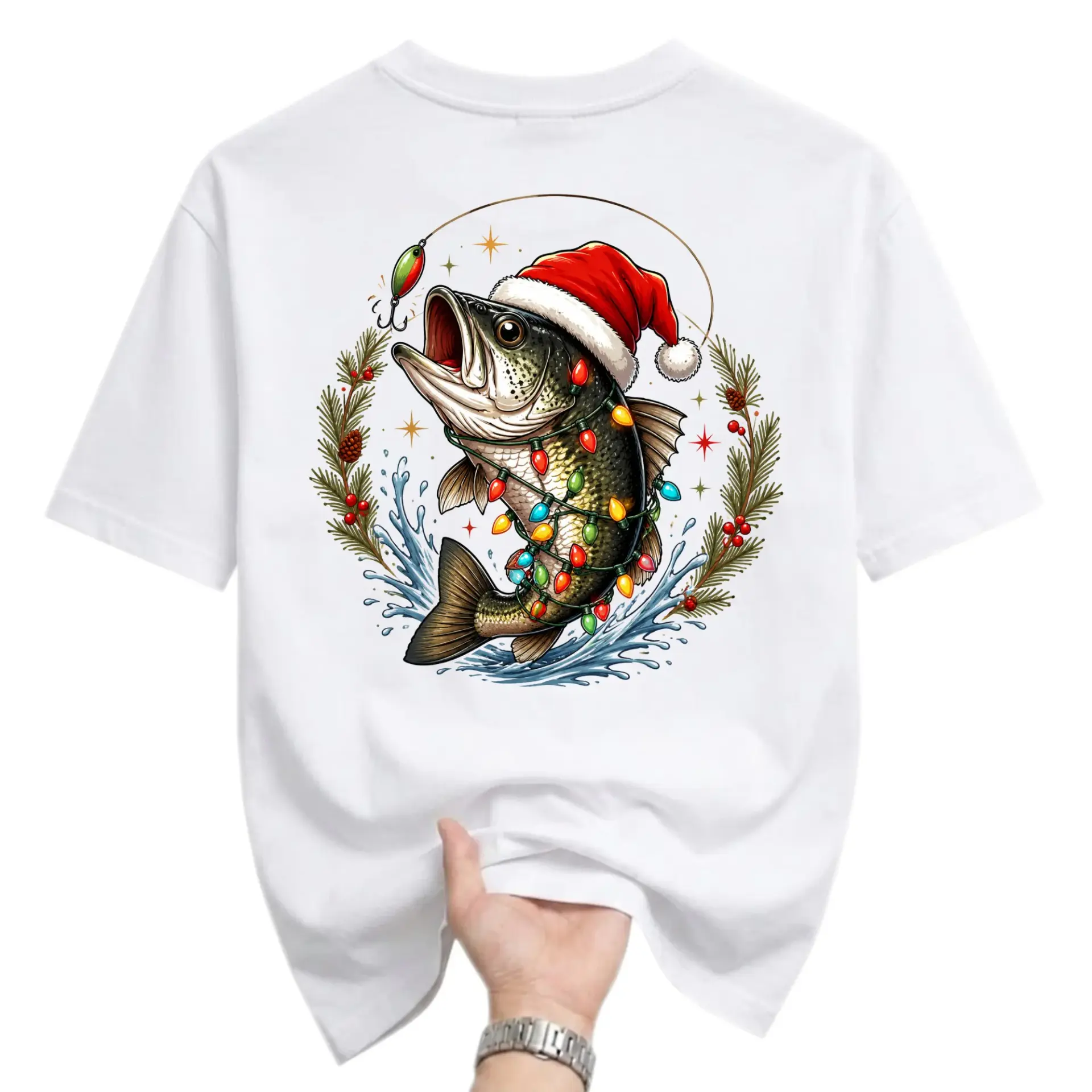 Funny Shirt Christmas Fishing Graphic Tee Seasonal Fish Wearing Santa Hat