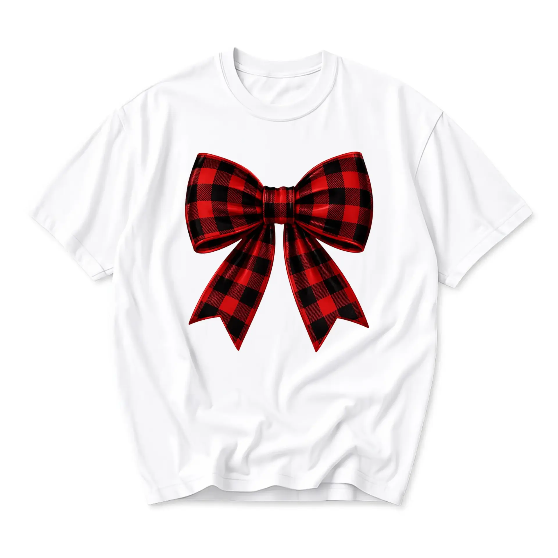 Graphic Tee Featuring a Festive Red and Black Buffalo Plaid Ribbon Bow Illustration on a Soft White Unisex Shirt