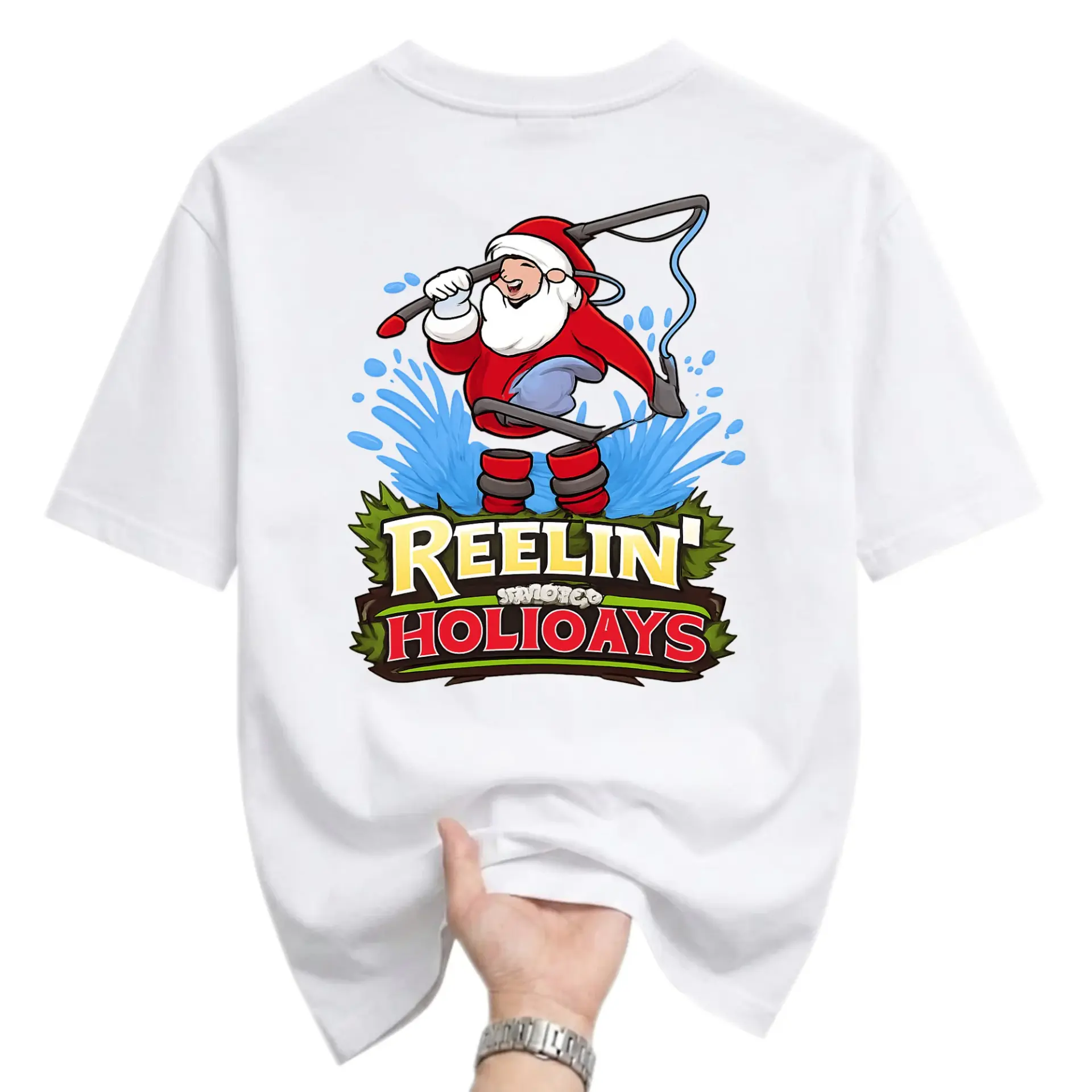 Funny Shirt Reelin Holioays Santa Fishing Graphic Tee Casual Unisex Crew Neck Holiday Cotton Blend