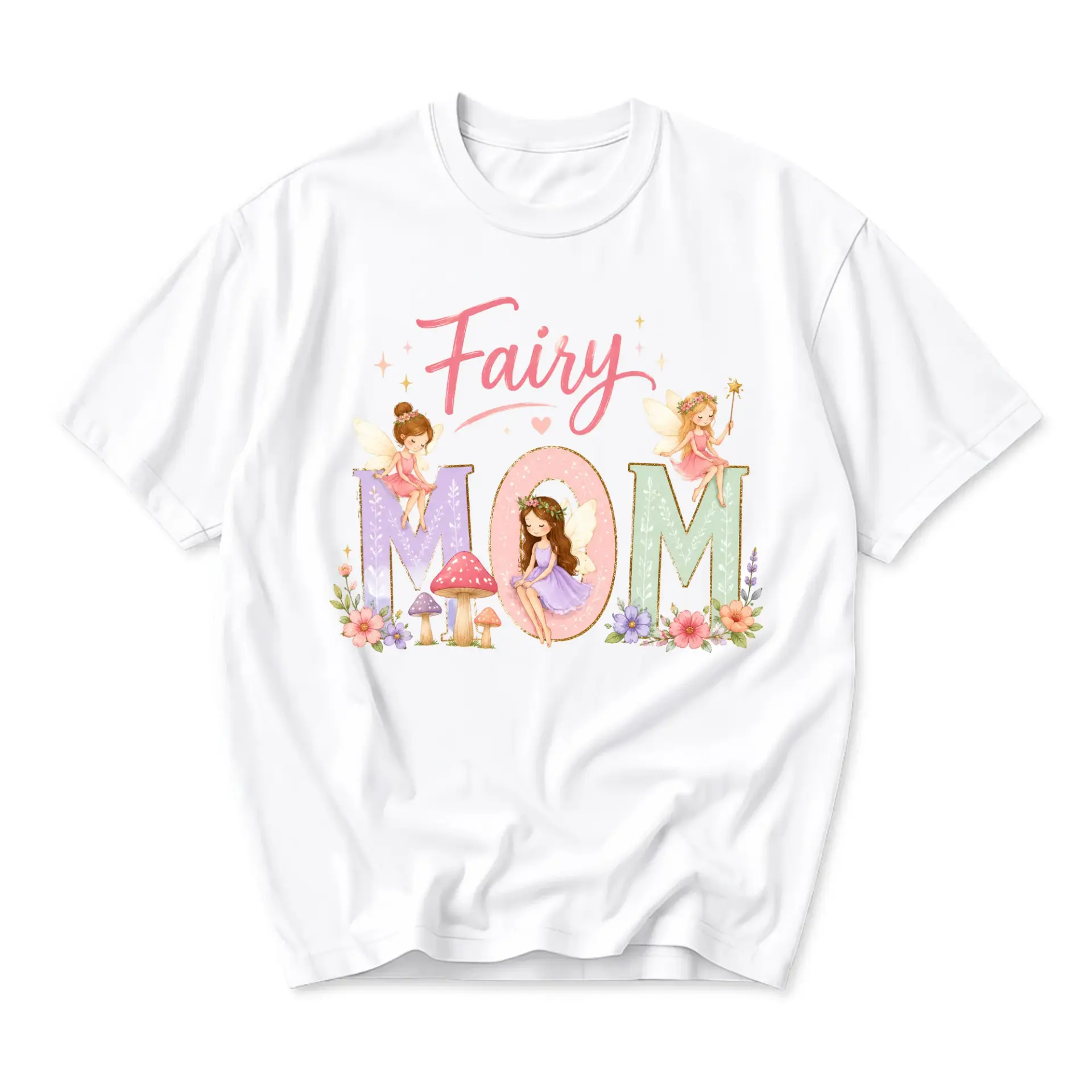 Graphic Tee Fairy Mom Whimsical Mushroom Floral Illustration Unisex Casual Short Sleeve Crew Neck Cotton Shirt