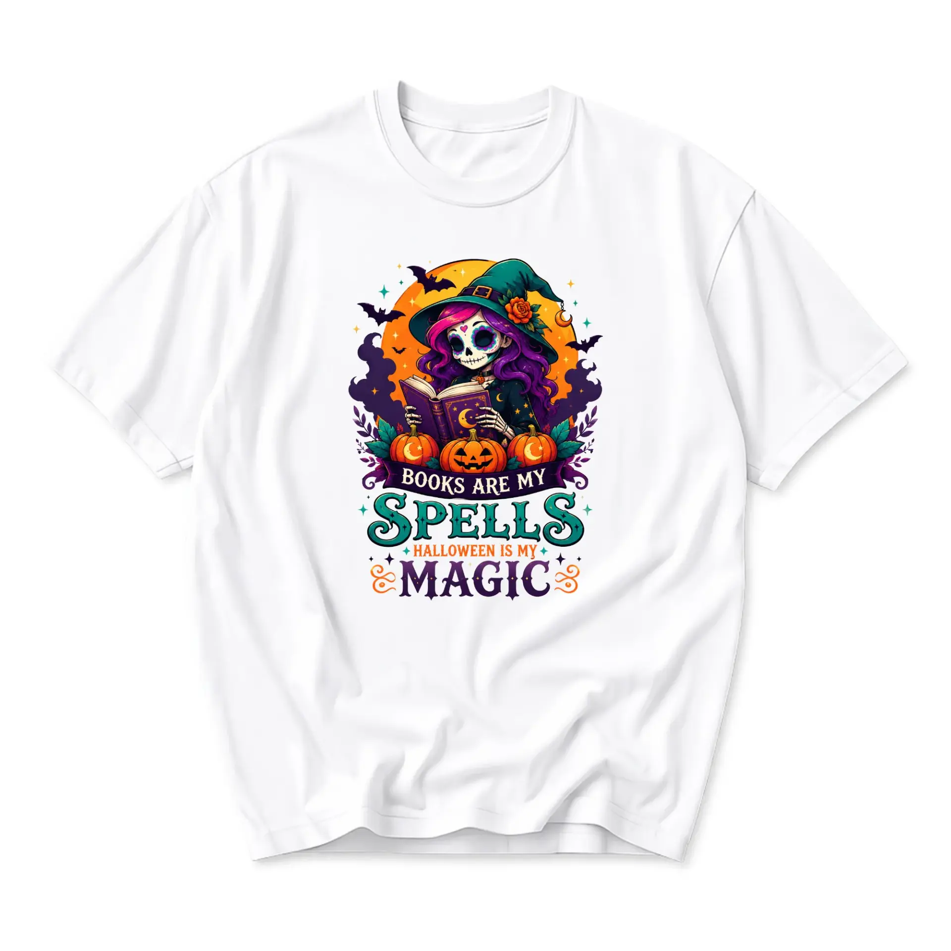 Graphic Tee Books Are My Spells Halloween Is My Magic Unisex Crew Neck Shirt Comfortable Cotton Blend Casual Top