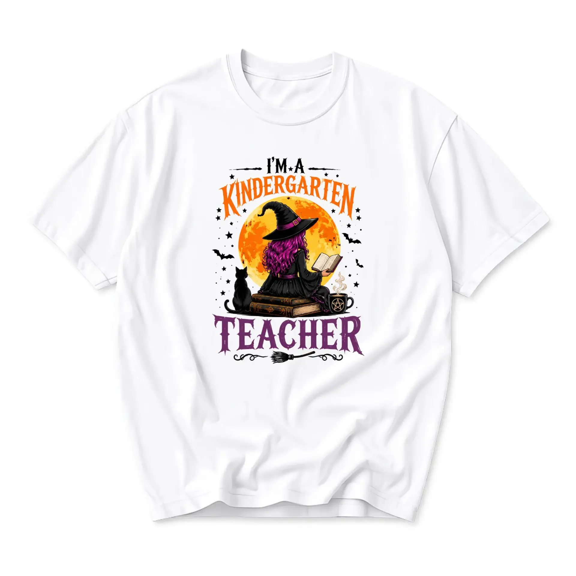 Funny Shirt Kindergarten Teacher Halloween Witch Graphic Tee Unisex Crew Neck Short Sleeve Casual Cotton Top