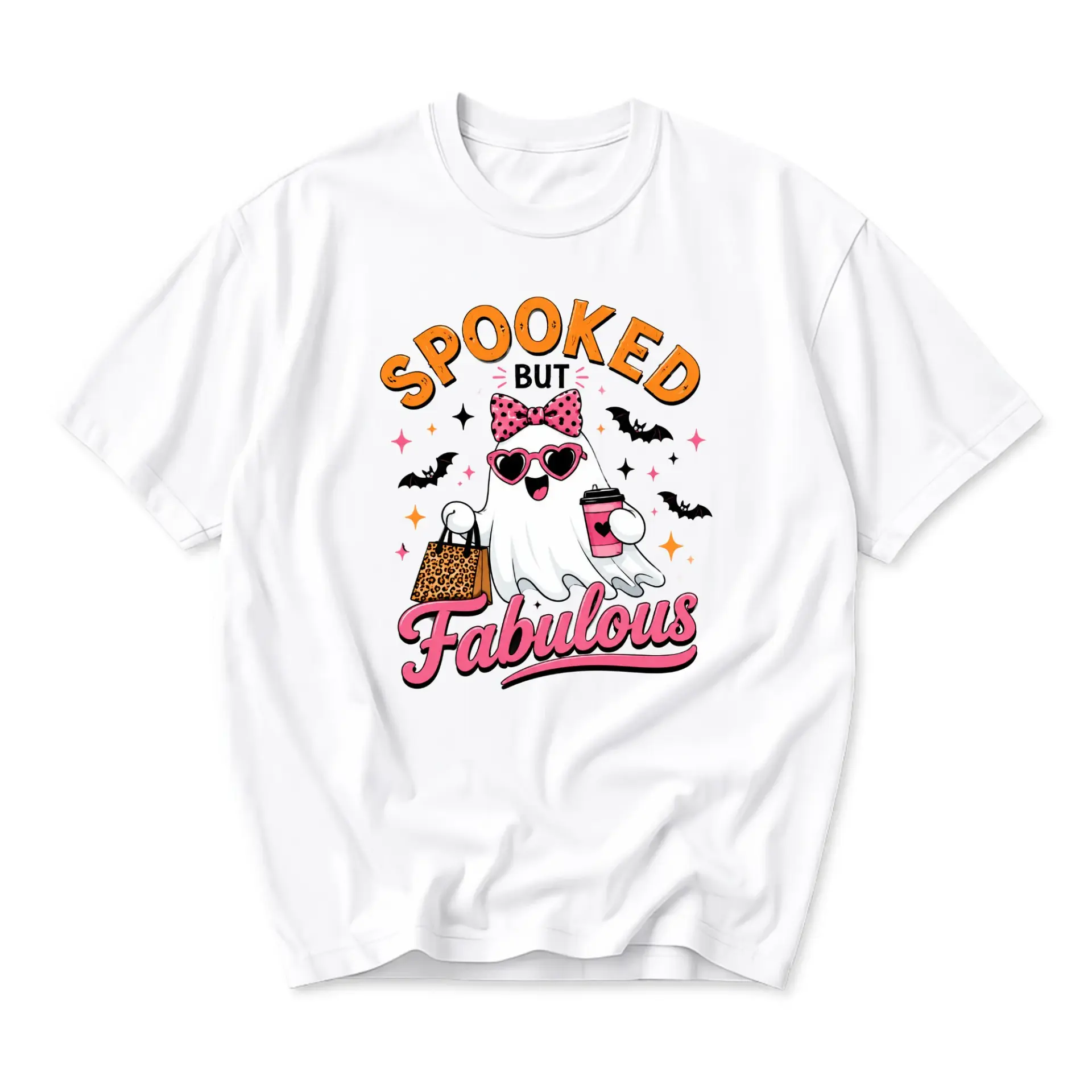 Graphic Tee Spooked but Fabulous Ghost Shirt with Leopard Print Bag and Heart Sunglasses Cute Seasonal Unisex Apparel