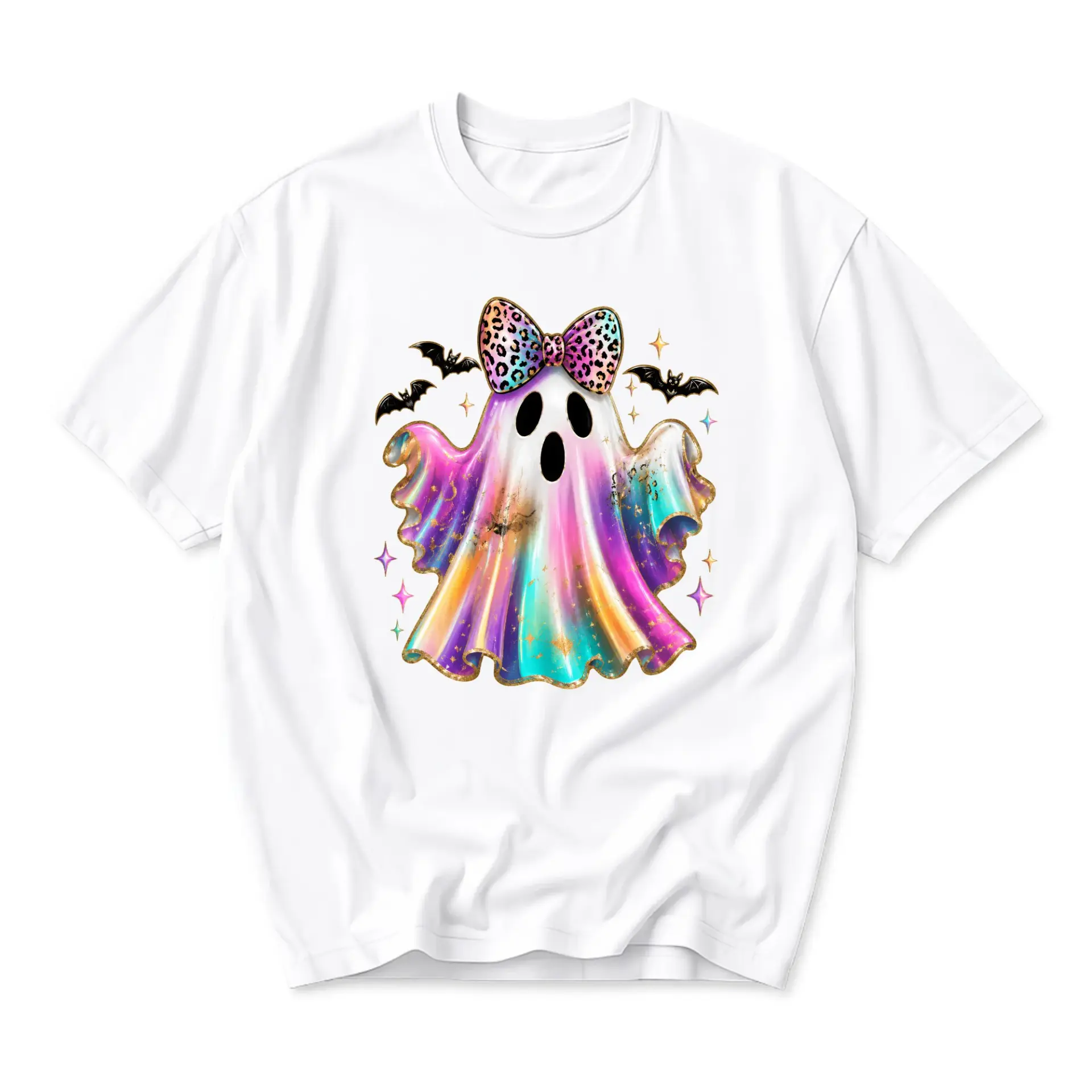 Graphic Tee Ghost with Colorful Leopard Print Bow Unisex Casual Shirt for Seasonal Everyday Wear and Fun Style