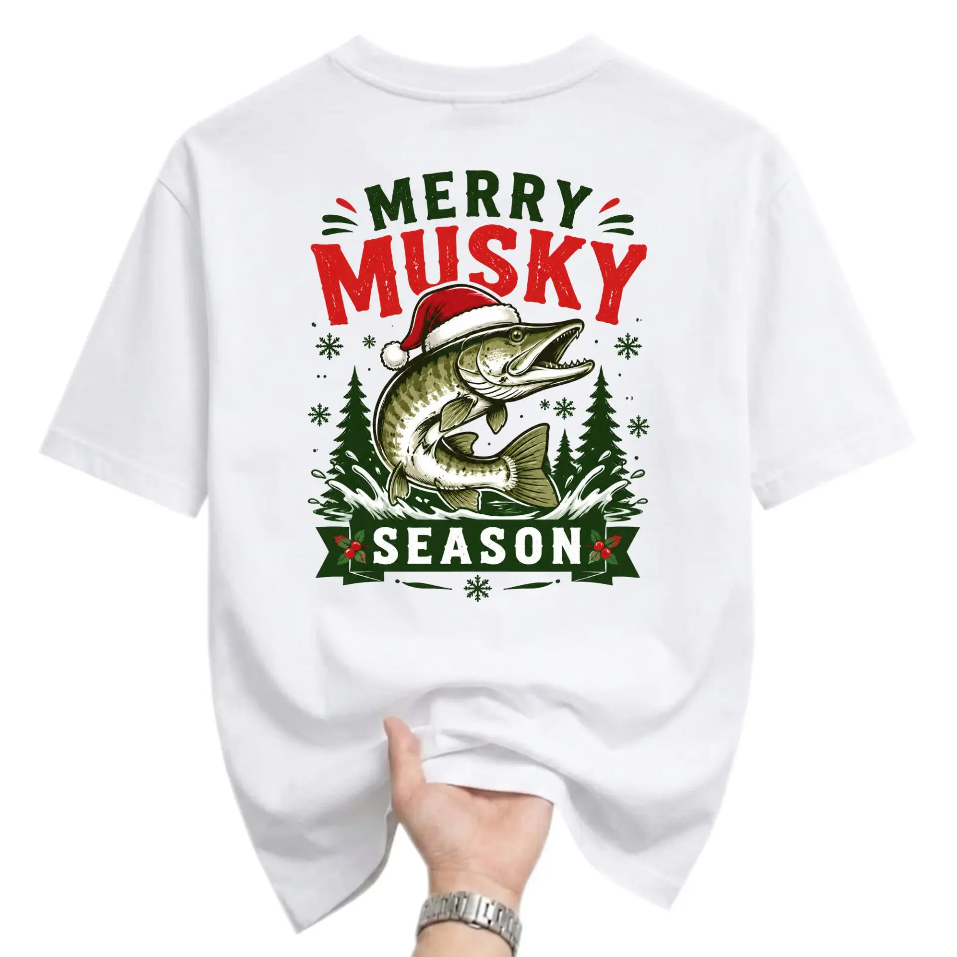 Funny Shirt Merry Musky Season Fishing Graphic Tee Holiday Freshwater Fish Print Unisex Casual Cotton Crew Neck Top