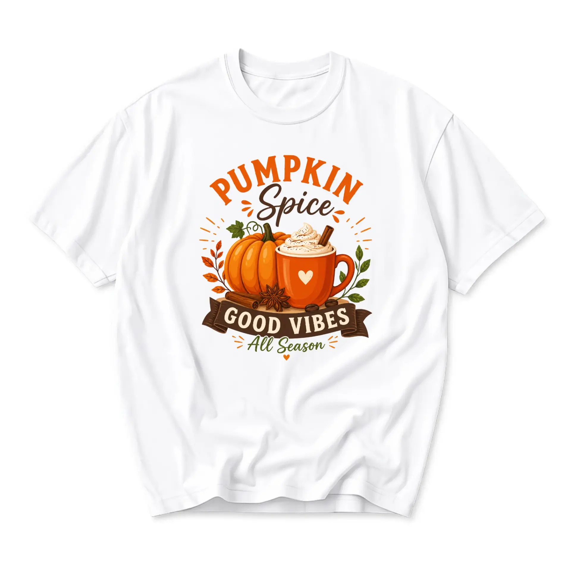 Graphic Tee Pumpkin Spice Good Vibes All Season Shirt Unisex Casual Apparel Fall Aesthetic Short Sleeve Crew Neck Top