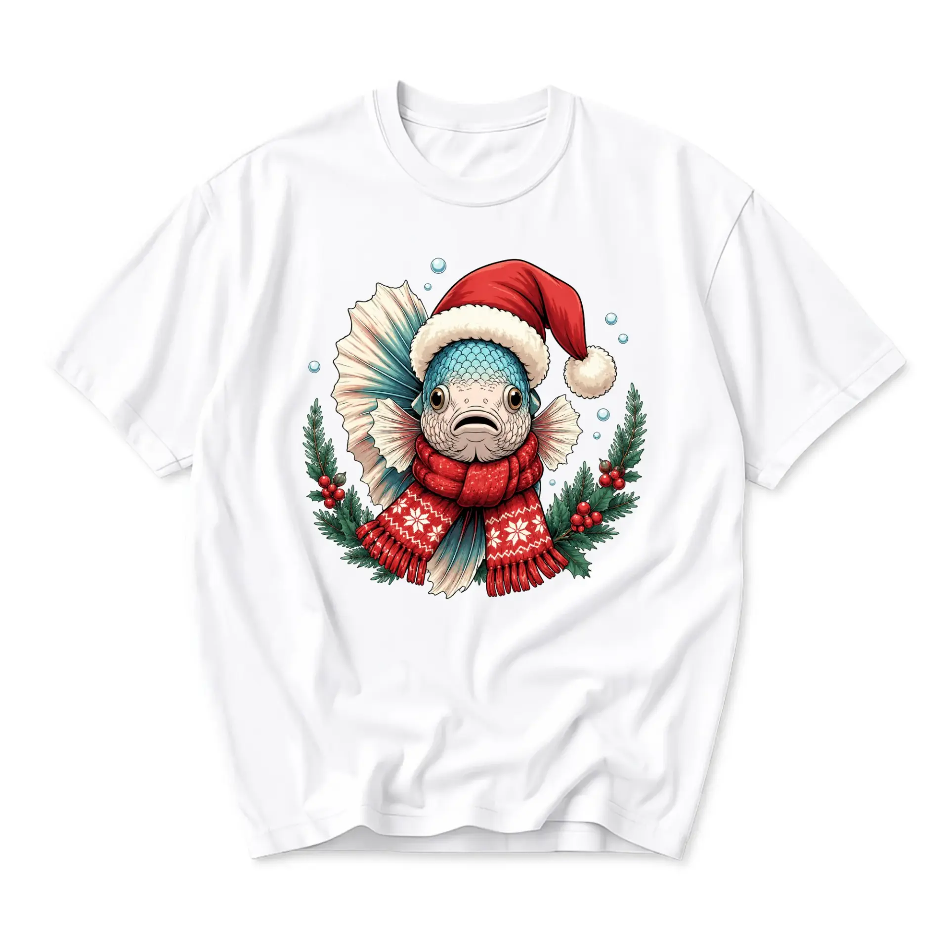 Graphic Tee Unisex Crew Neck Short Sleeve Shirt Featuring Festive Holiday Fish Design for Casual Everyday Wear