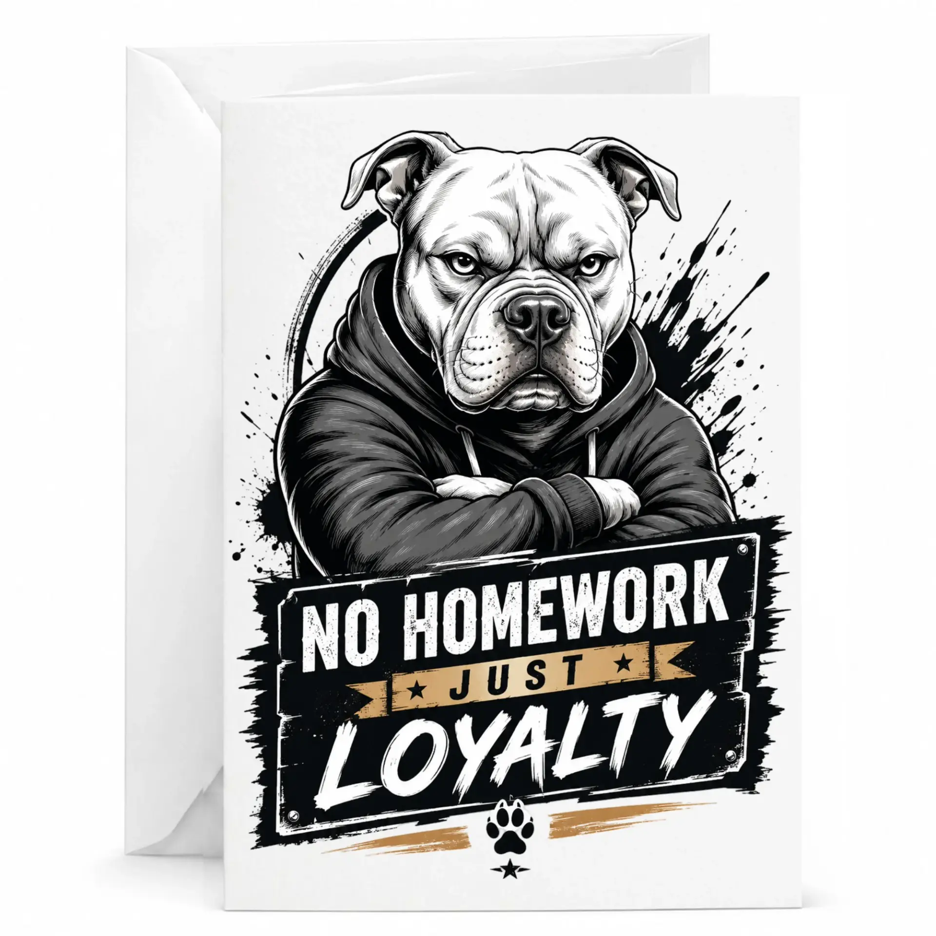 Funny Dog Loyalty Greeting Card Featuring Serious Illustration with Hooded Sweatshirt Design for Any Occasion