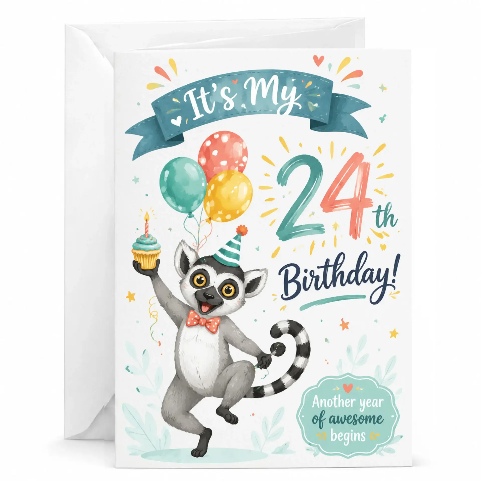 Birthday Card 24th Birthday Greeting Card Featuring a Cute Lemur with Cupcake and Balloons for Celebration