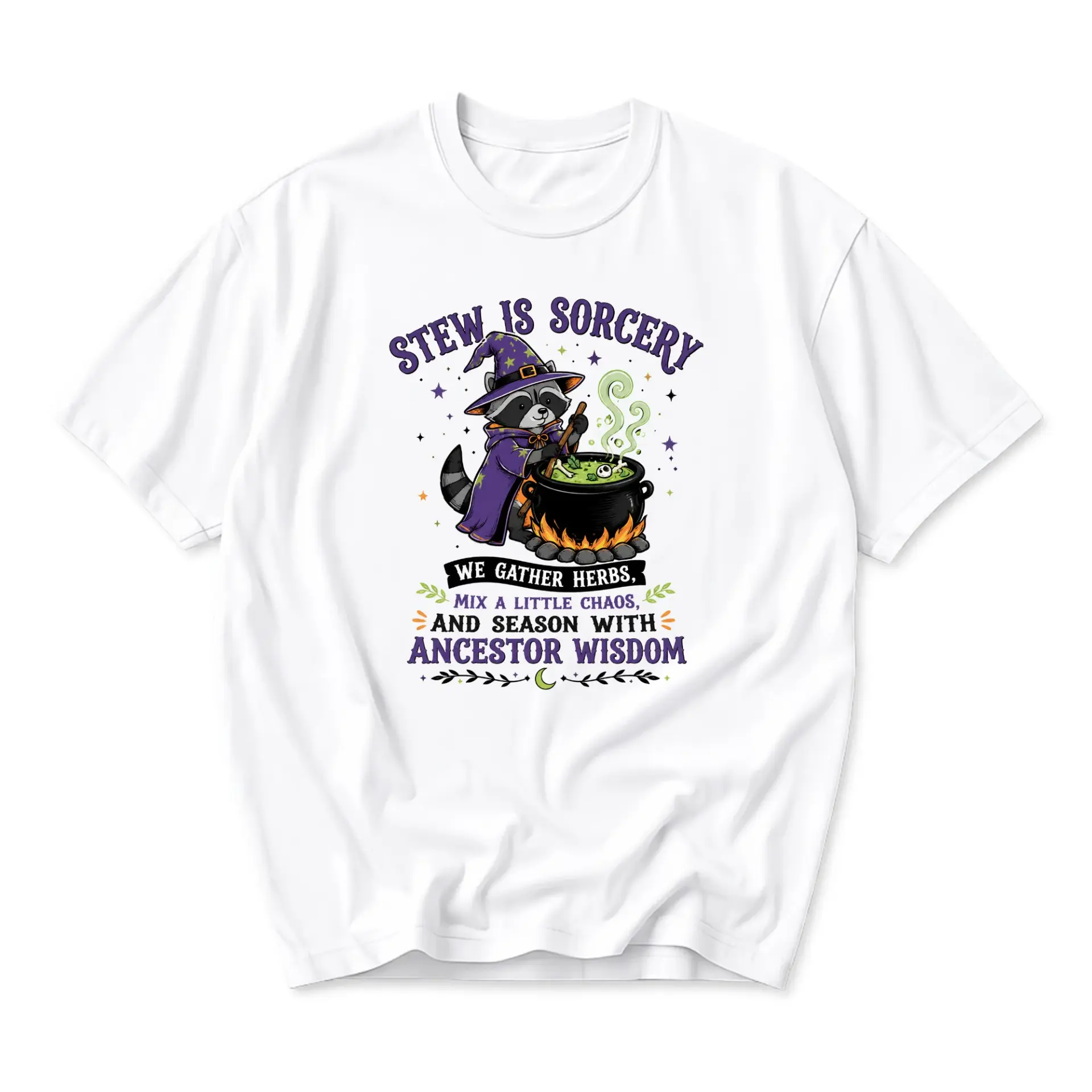 Graphic Tee Stew Is Sorcery Raccoon Witch Illustration Unisex Crew Neck Casual Everyday Short Sleeve Cotton Shirt