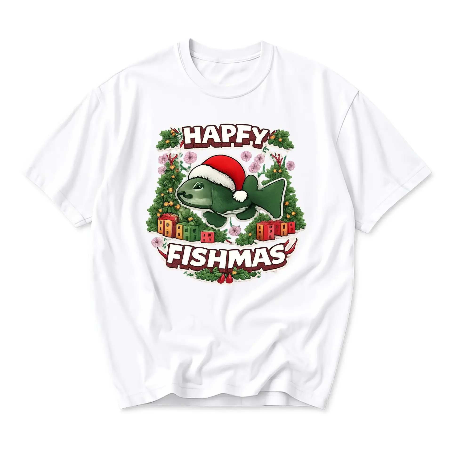 Funny Shirt Happy Fishmas Holiday Graphic Tee Unisex Crew Neck Short Sleeve