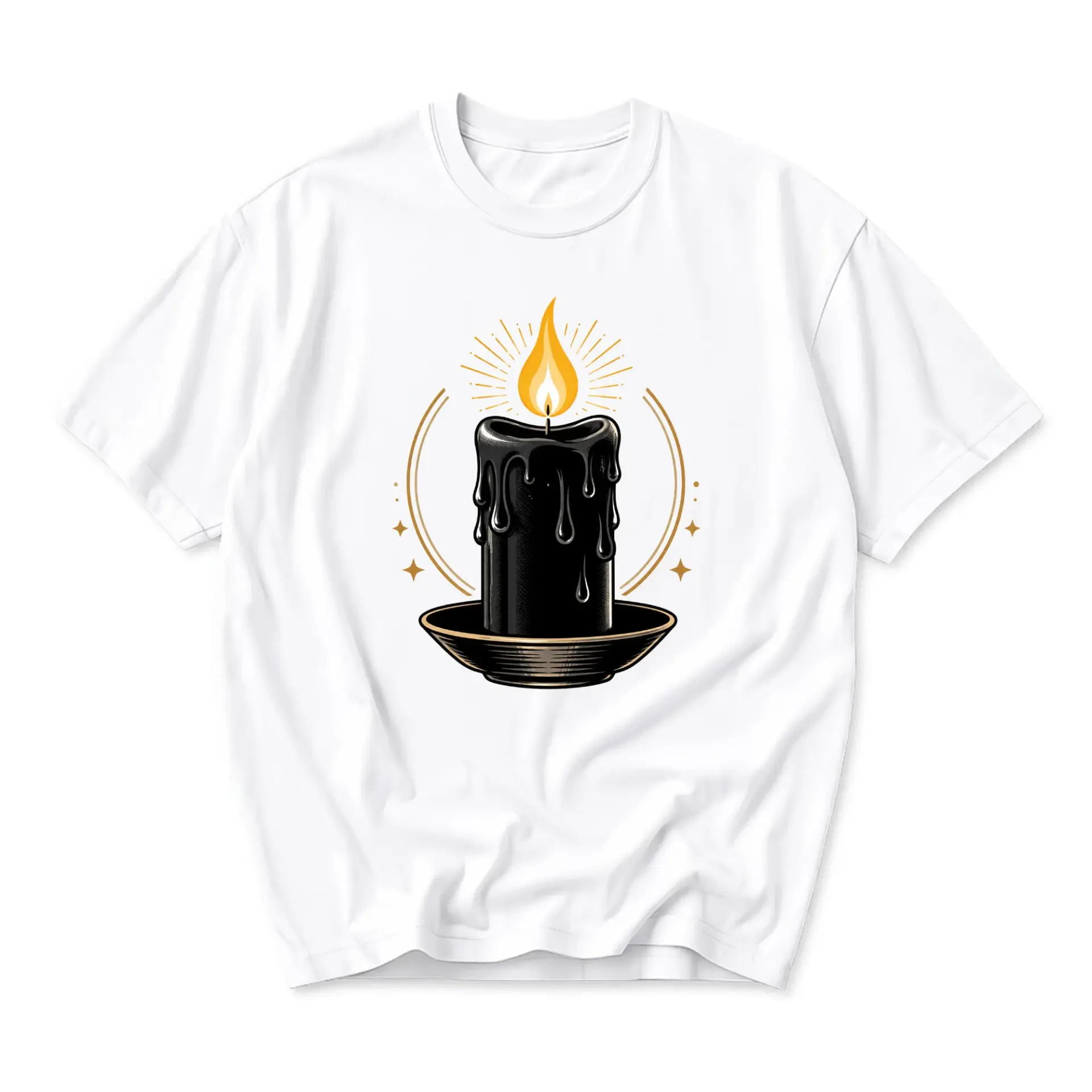 Graphic Tee Unisex Crew Neck T-Shirt Featuring Mystical Black Melting Candle Illustration Art Print on White Top