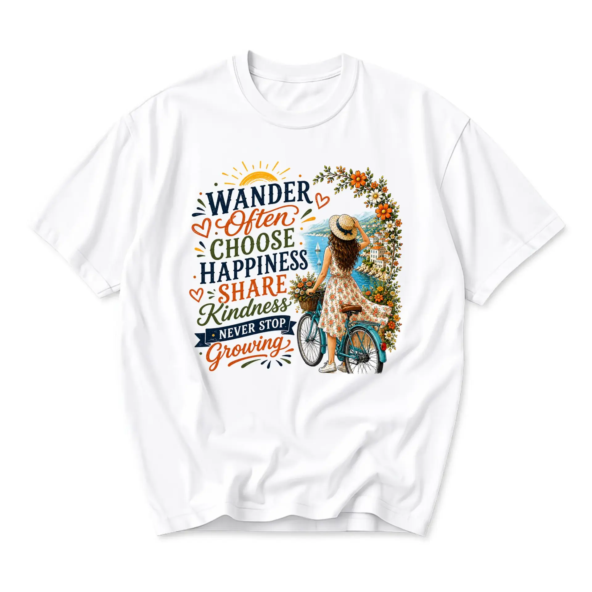 Graphic Tee Wander Often Choose Happiness Quote Shirt Summer Floral Bicycle Illustration Unisex Crew Neck Top