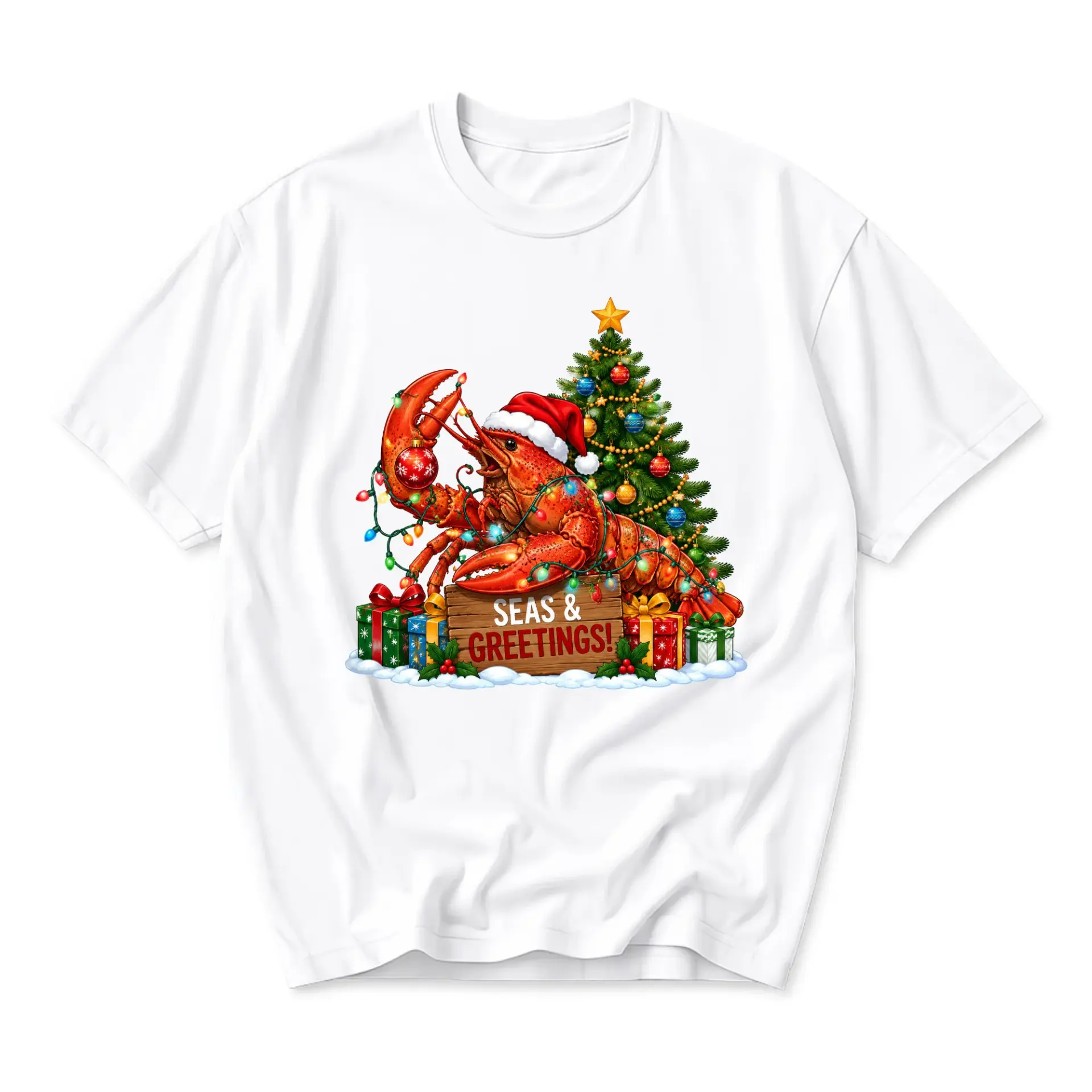 Funny Shirt Seas and Greetings Lobster Christmas Tree Graphic Tee Unisex Crew Neck Short Sleeve Casual Holiday Apparel