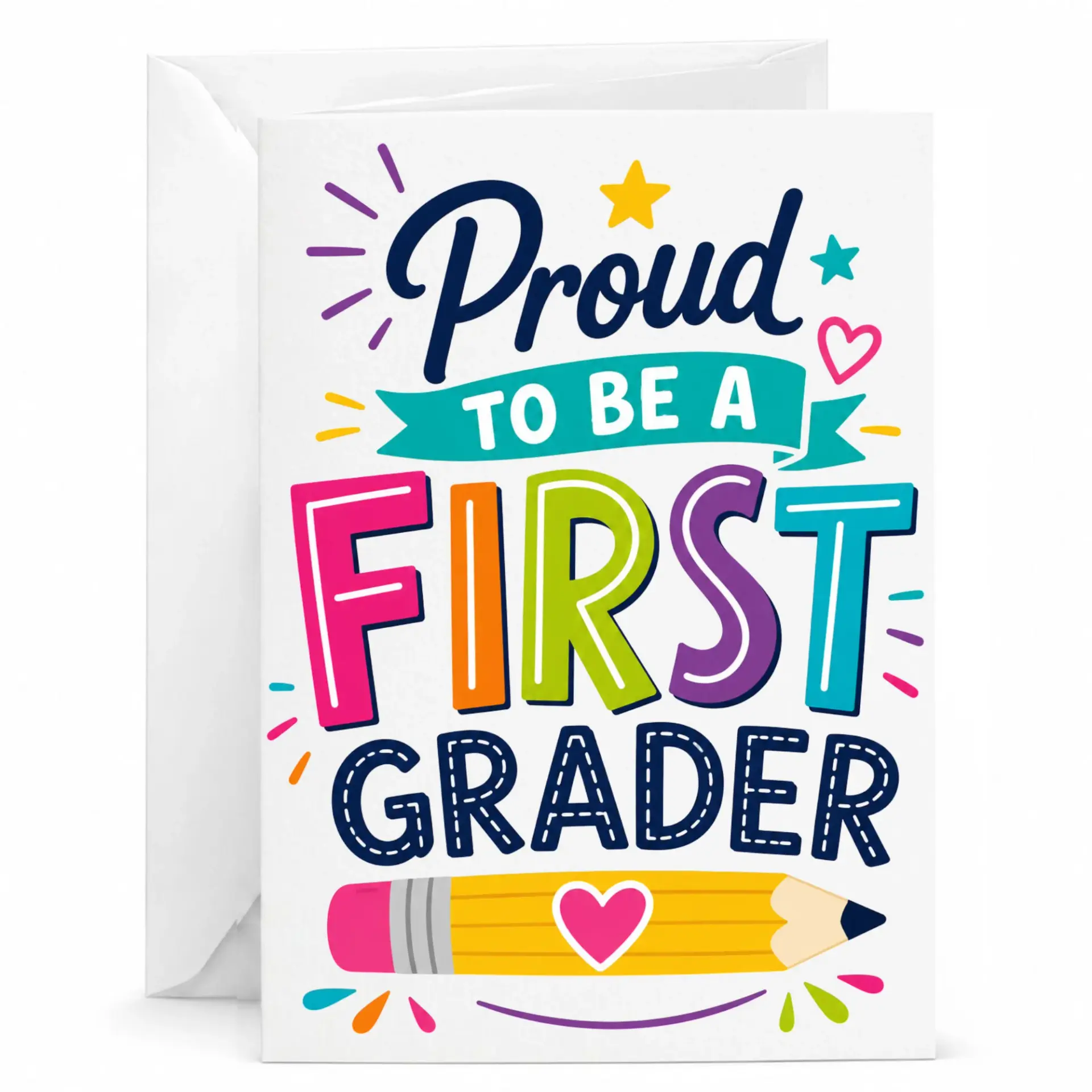 Proud to Be a First Grader Greeting Card Colorful Congratulations Note for Academic Milestone Achievement with Envelope