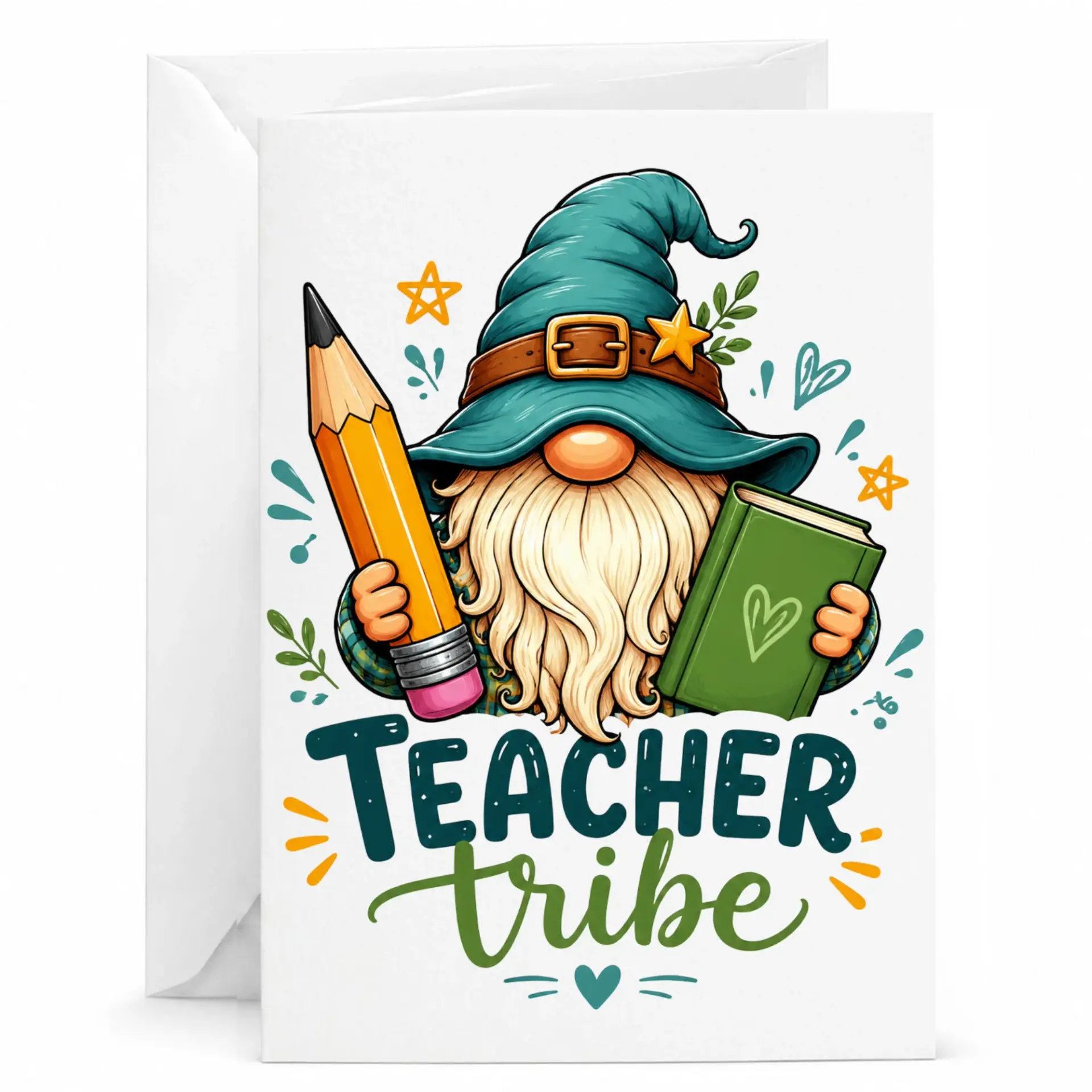 Teacher Tribe Greeting Card Featuring Whimsical Gnome Design with Pencil and Book for Educational Appreciation