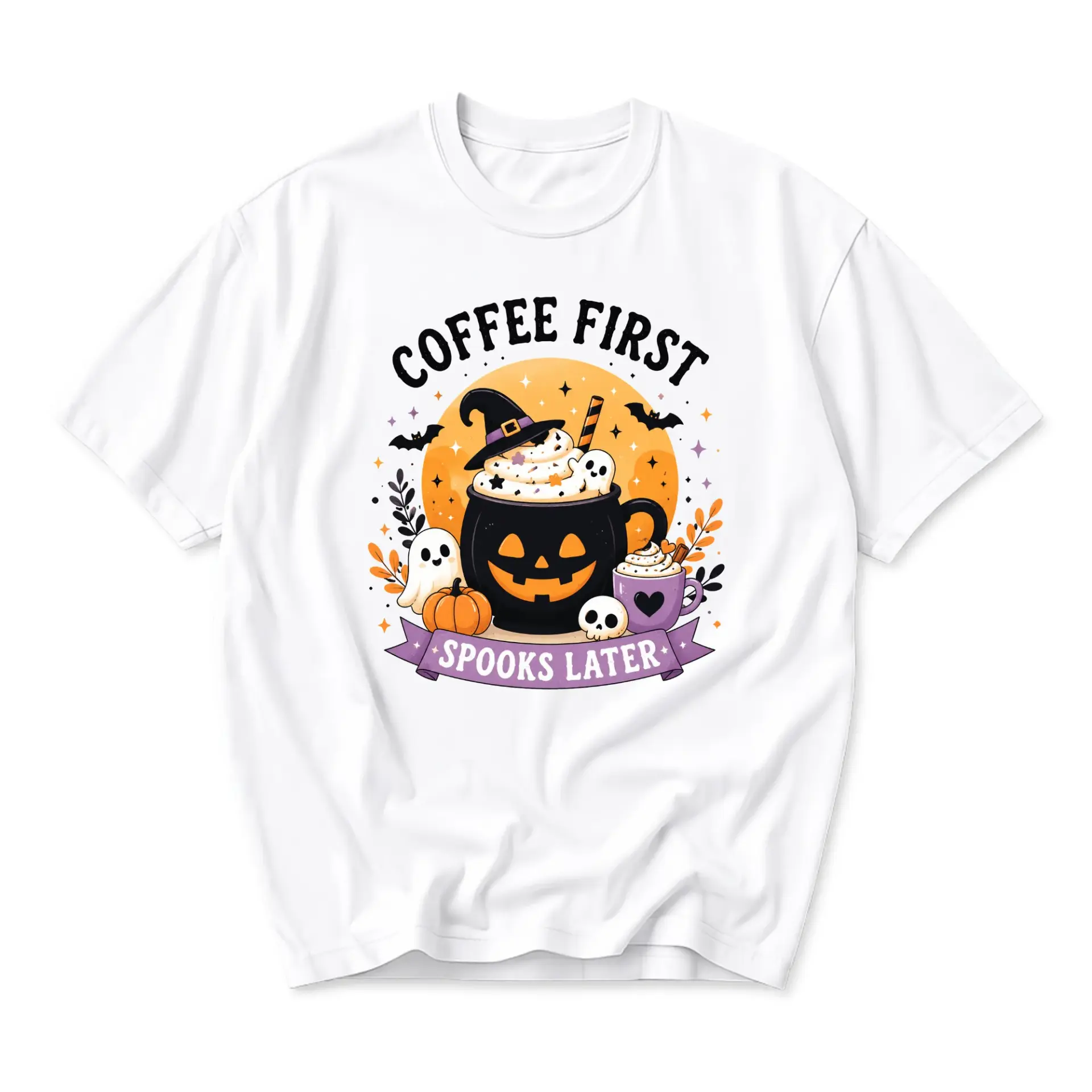 Funny Shirt Coffee First Spooks Later Halloween Graphic Tee Unisex Casual Crew Neck Soft Cotton Blend Apparel White
