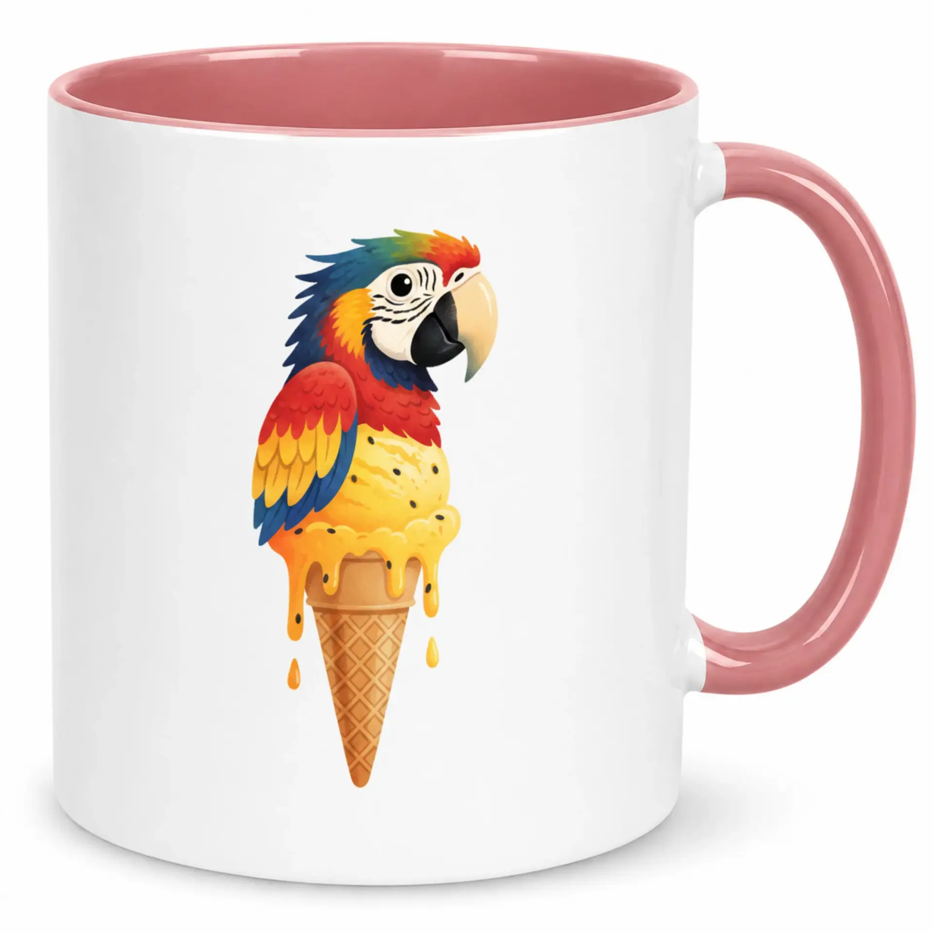 Coffee Mug with Colorful Tropical Parrot Ice Cream Cone Design, Whimsical Beverage Cup for Home or Office, 11 Oz or 15 Oz Ceramic Drinkware Gift