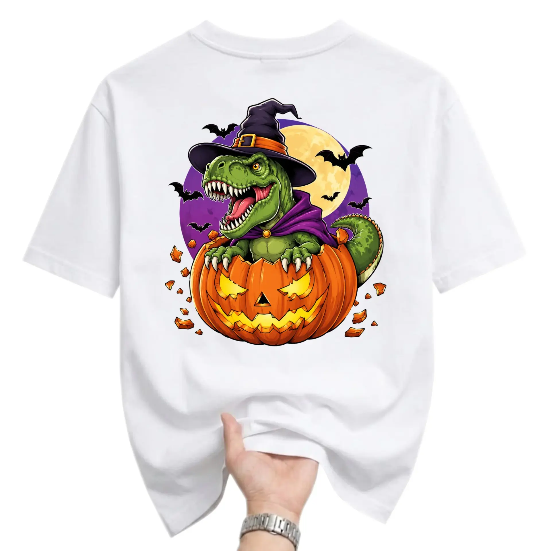 Funny Shirt Halloween T-Rex Graphic Tee Cute Dinosaur Wearing Witch Hat Inside Jack O Lantern Pumpkin Spooky Fall Top