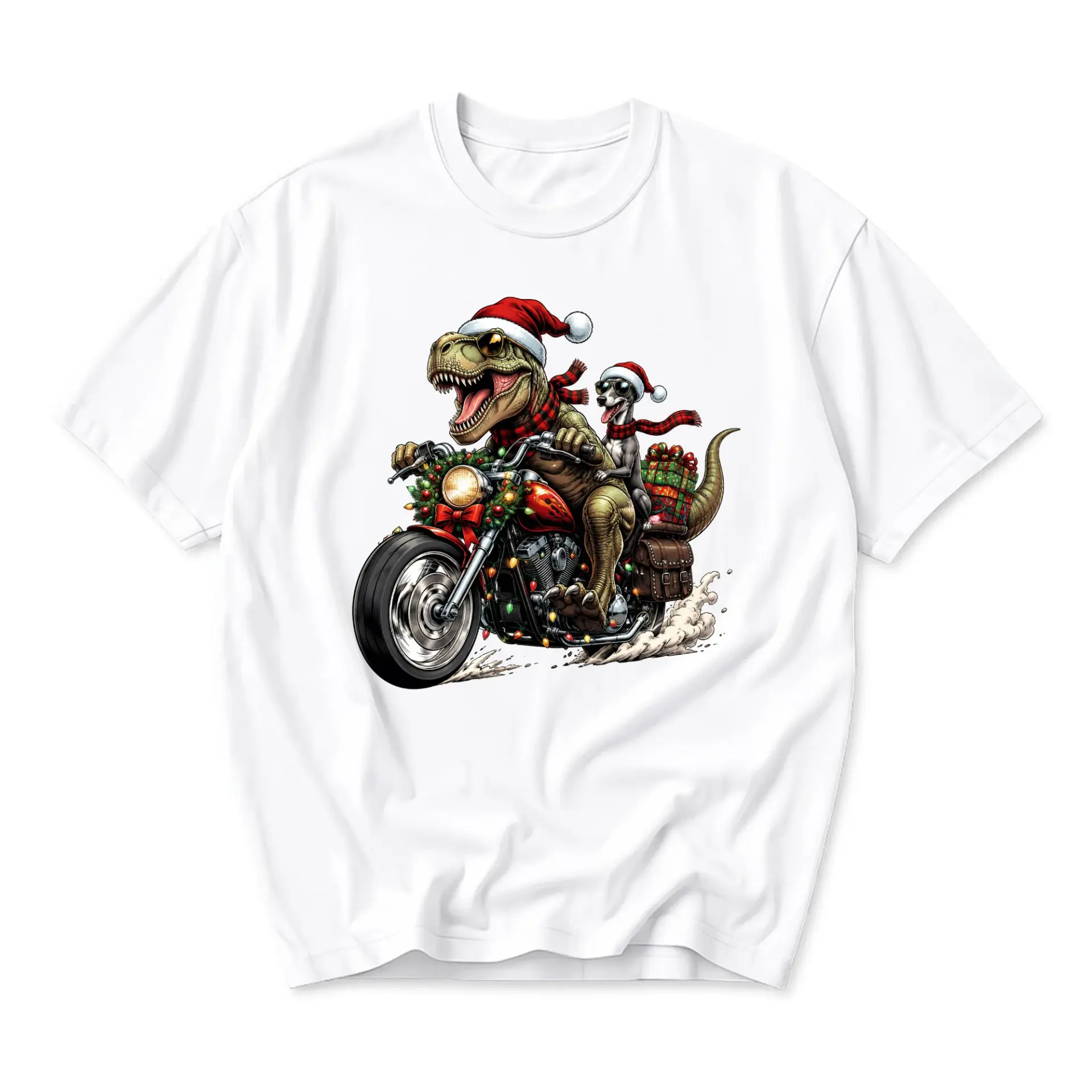 Graphic Tee Unisex Christmas T-Shirt Featuring a Riding a Motorcycle with a