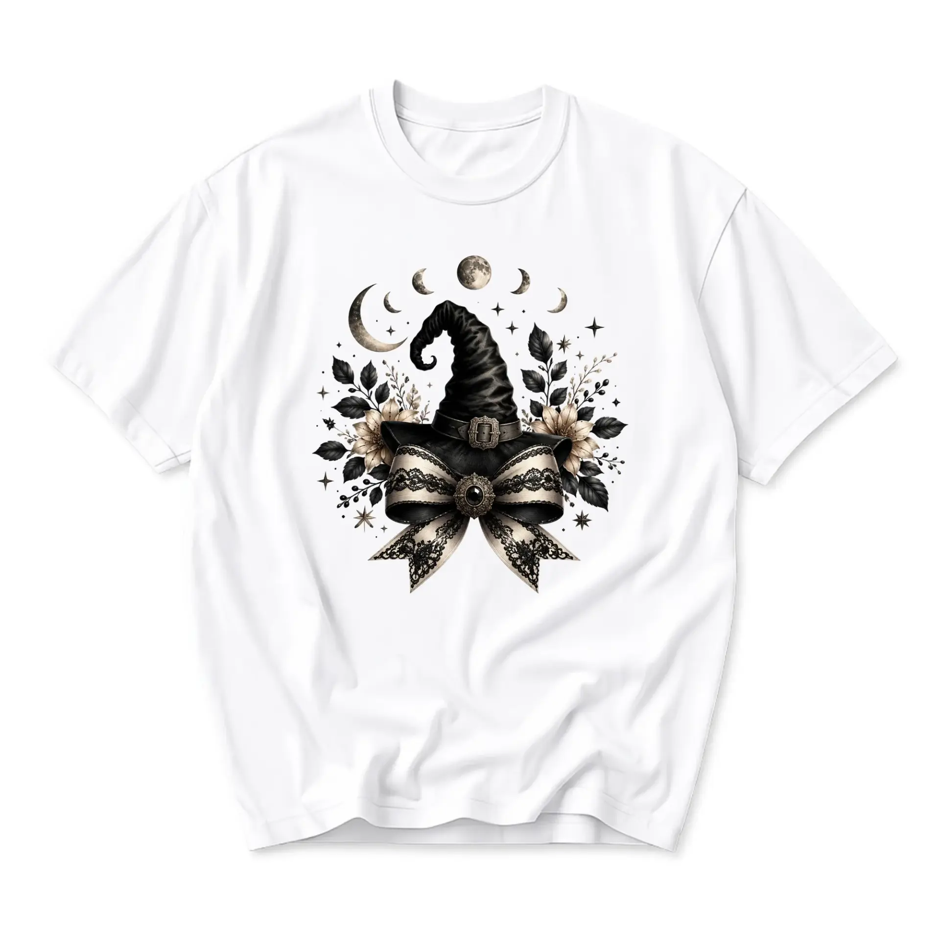 Graphic Tee Unisex Witch Hat Floral Bow Celestial Moon Phases Print Casual Crew Neck Cotton Blend Apparel