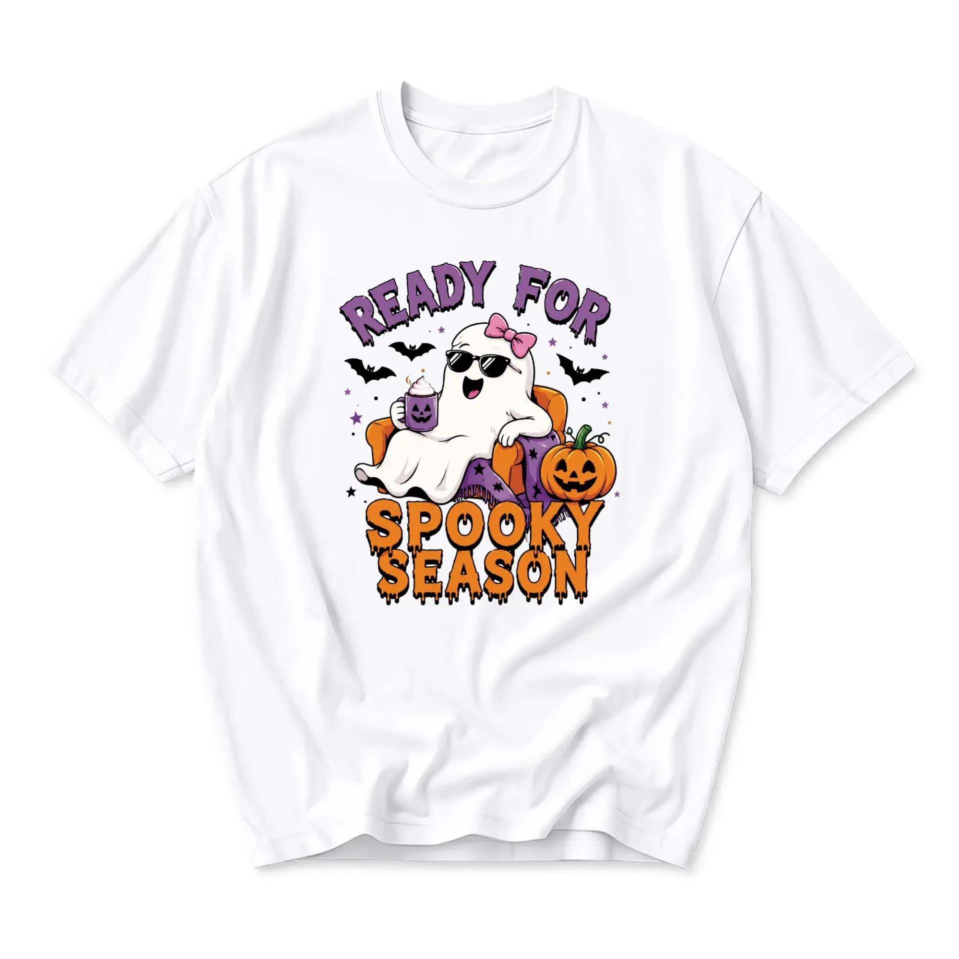 T-shirt Ready for Spooky Season Cute Ghost Graphic Tee Unisex Crew Neck Comfortable Cotton Blend Casual Fall Top