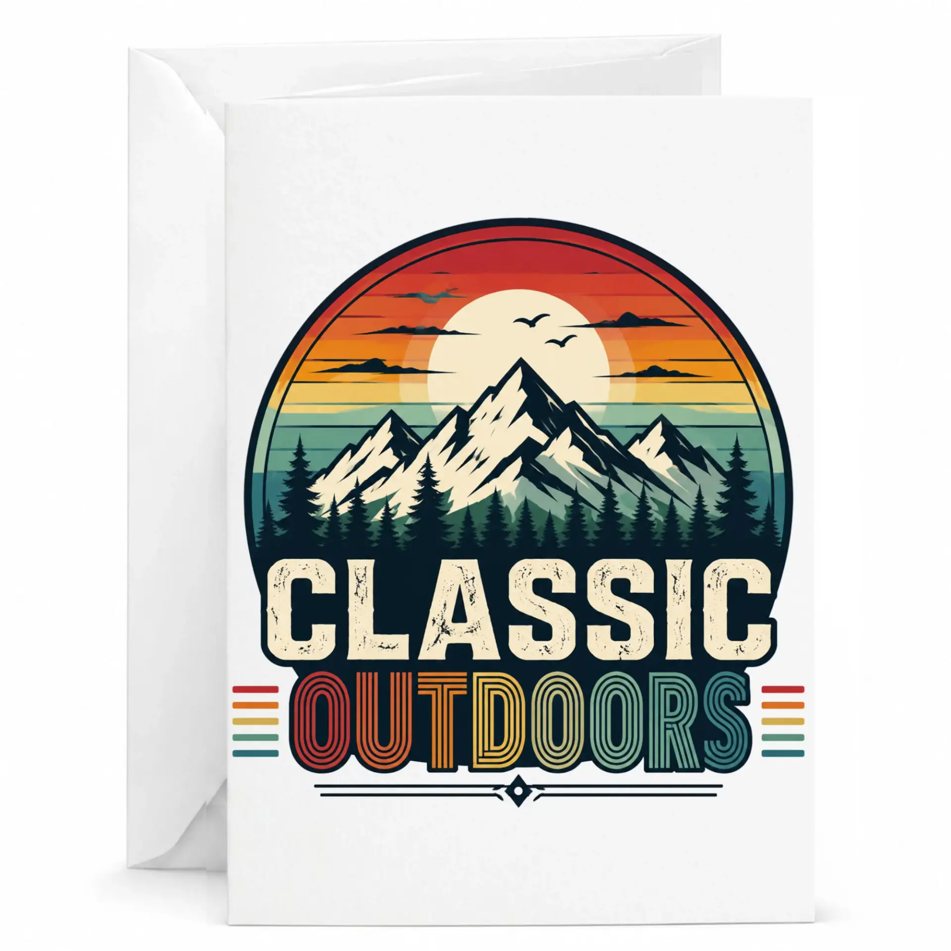 Greeting Card Classic Outdoors Retro Mountain Sunset Illustration Adventure Themed Stationery for Nature Lovers