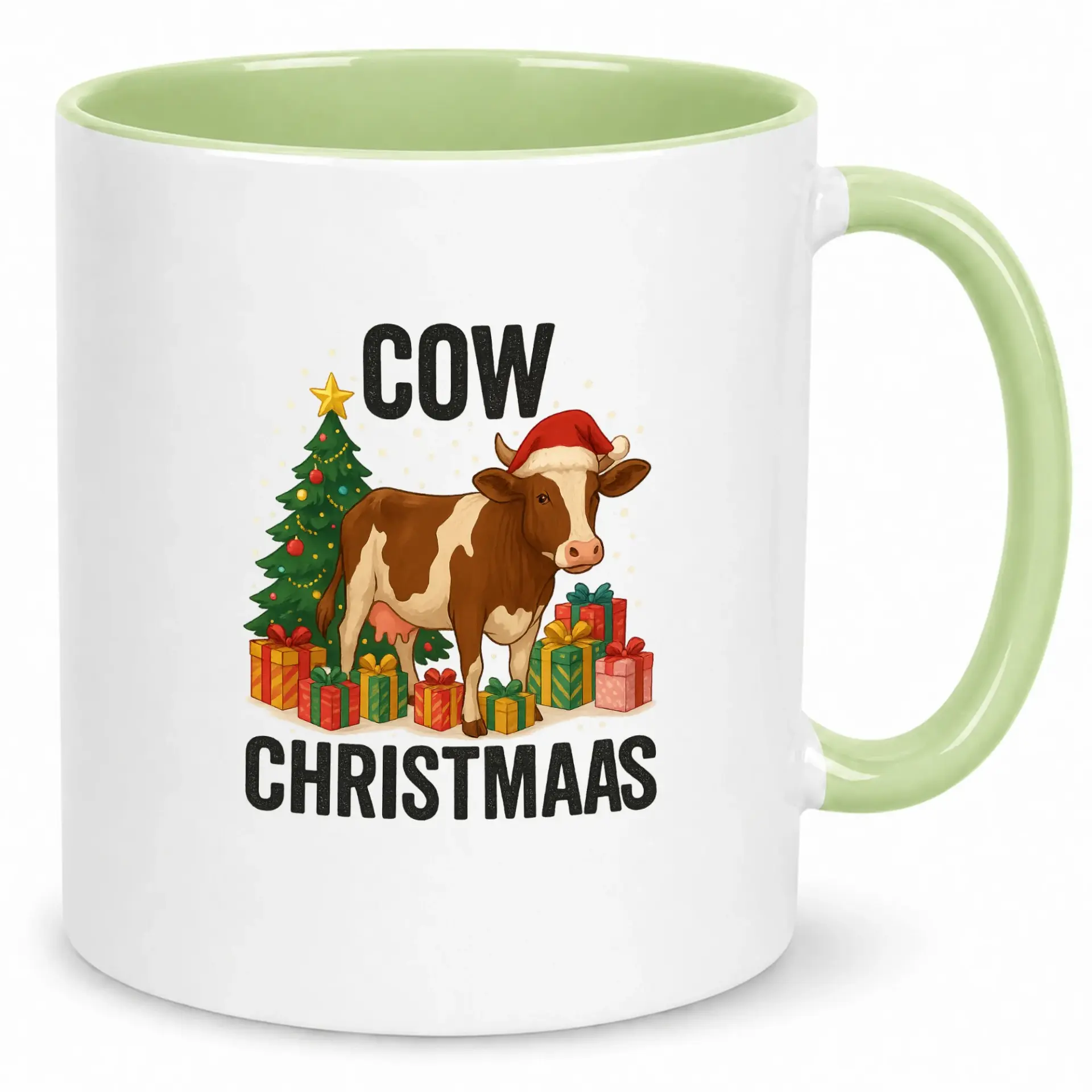 Funny Cow Christmas Ceramic Coffee Mug with Green Handle and Festive Farm Animal Design, Perfect Holiday Gift for Farm Lovers