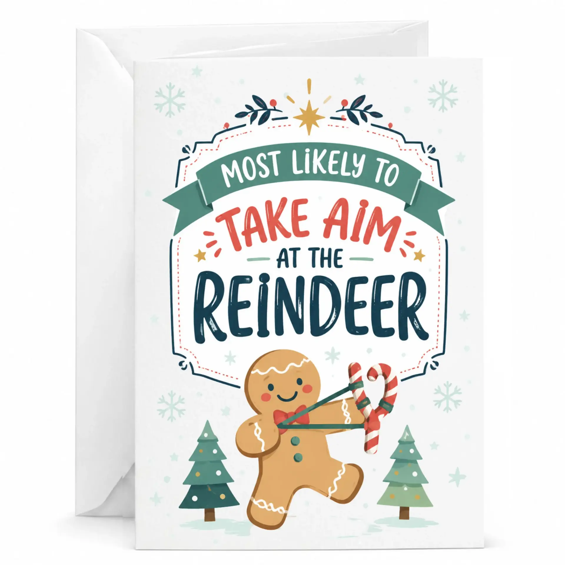 Funny Christmas Greeting Card Most Likely to Take Aim at the Reindeer Festive Holiday Message Note Card 5x7 Inch