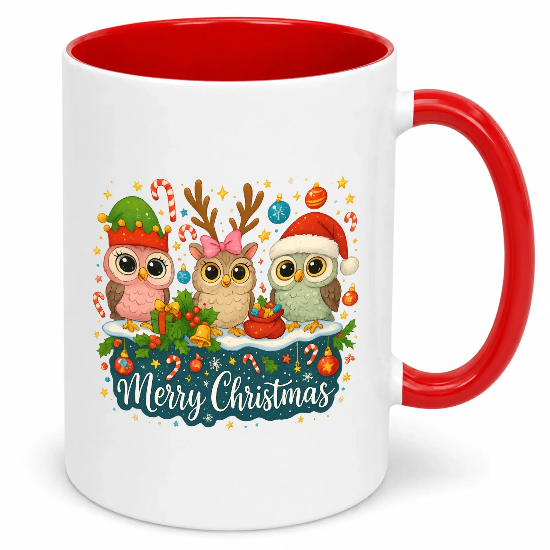 Cute Owls Christmas Coffee Mug, Festive Holiday Ceramic Drinkware with Merry Christmas Design, 11 Oz or 15 Oz Capacity for Home and Office
