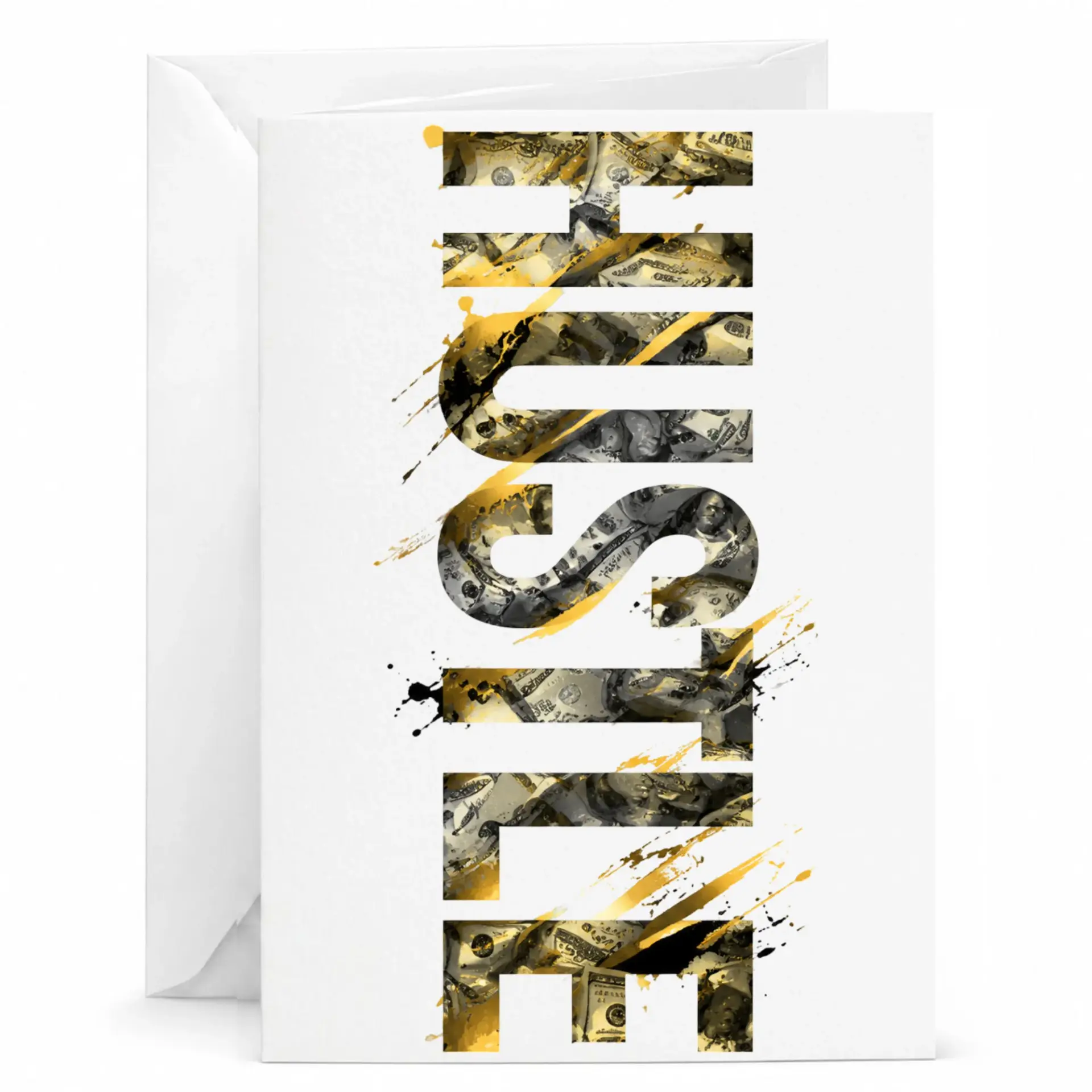 Motivational Hustle Greeting Card with Money Print Design, Blank Note Card for Entrepreneur Success and Inspiration