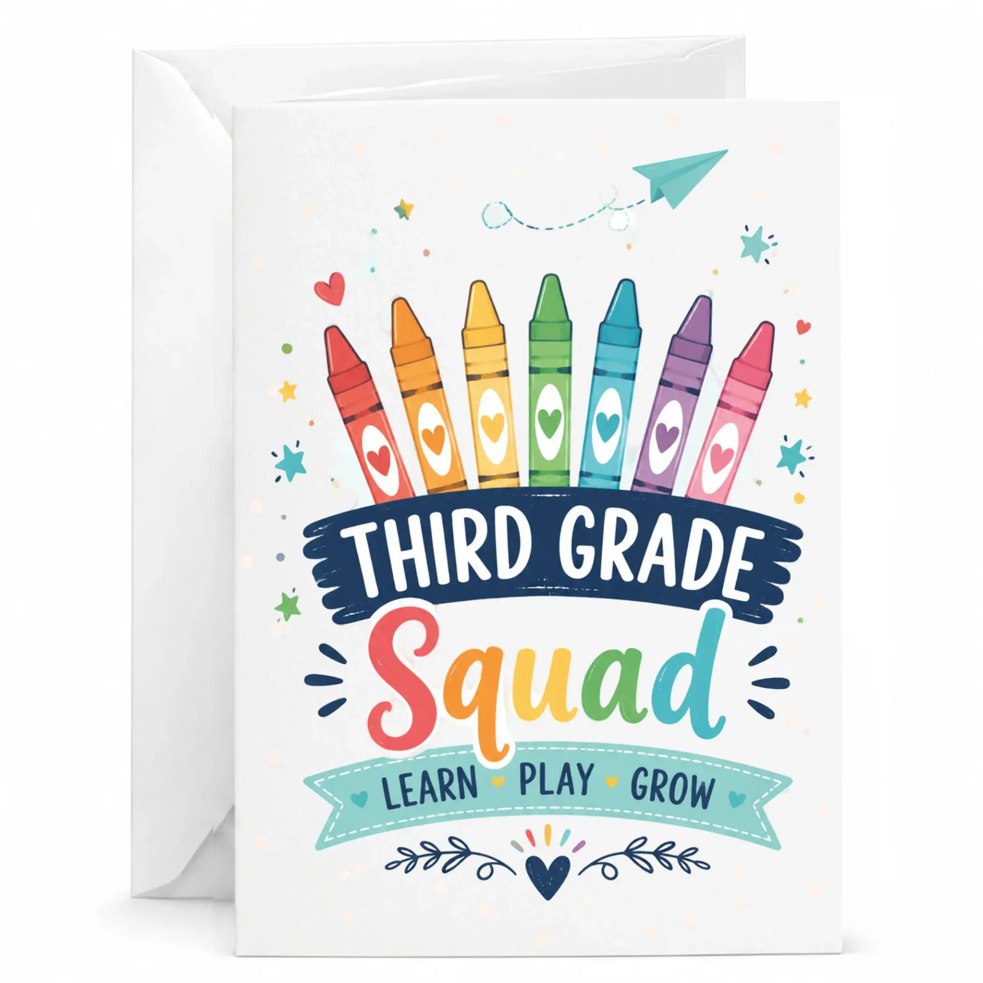 Greeting Card Third Squad Fun Colorful Crayon Design for Teachers and Staff Members 5x7 Inch Folded Note