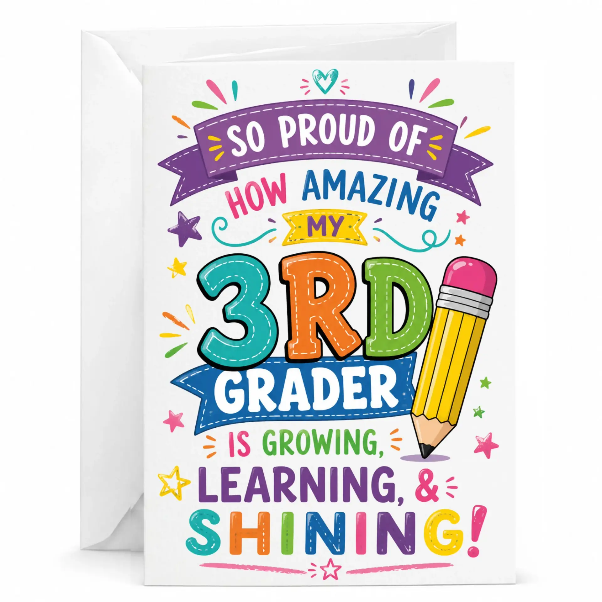 Greeting Card for Third Student Celebrating Academic Achievement with Pencil Graphic Design and Vibrant Colors