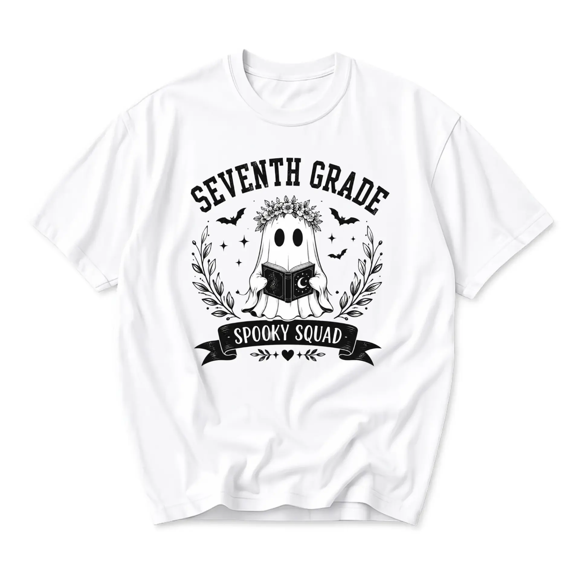 T-shirt Seventh Grade Spooky Squad Ghost Graphic Tee Cute Reading Spirit Design Unisex Crew Neck Casual Cotton Top