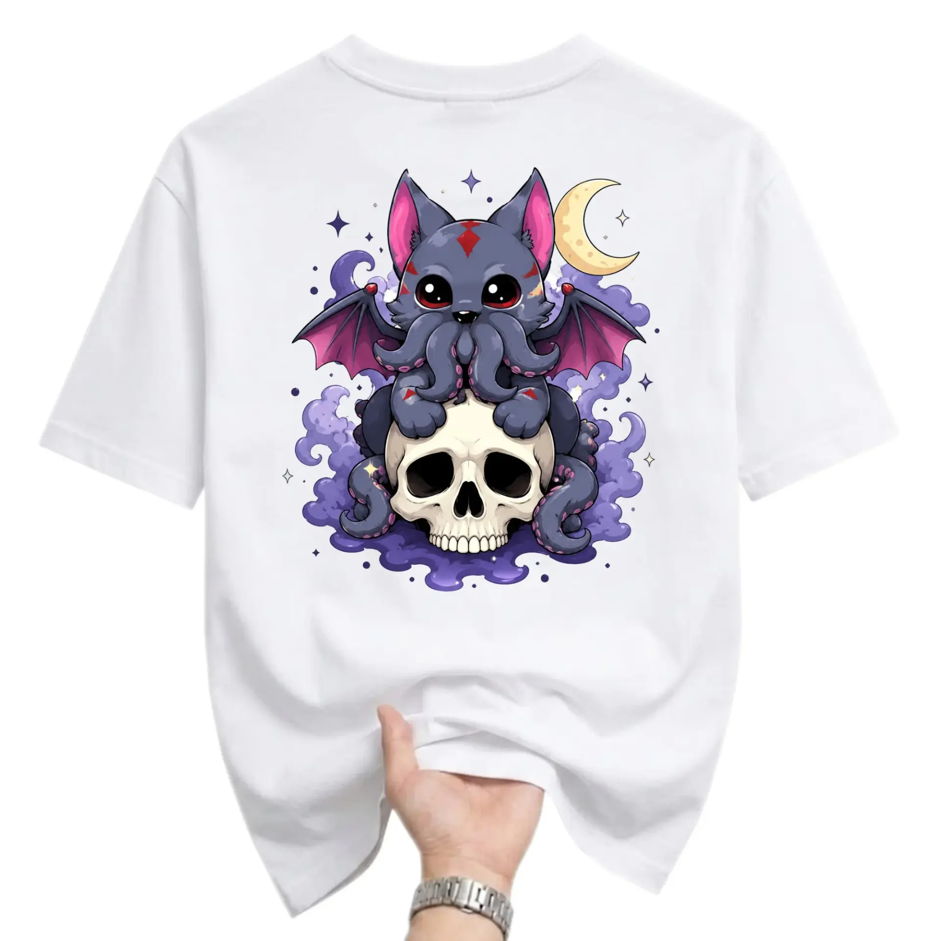 Graphic Tee Unisex Crew Neck T-Shirt Featuring Cute Dark Fantasy Bat Creature Sitting on a Human Skull Illustration