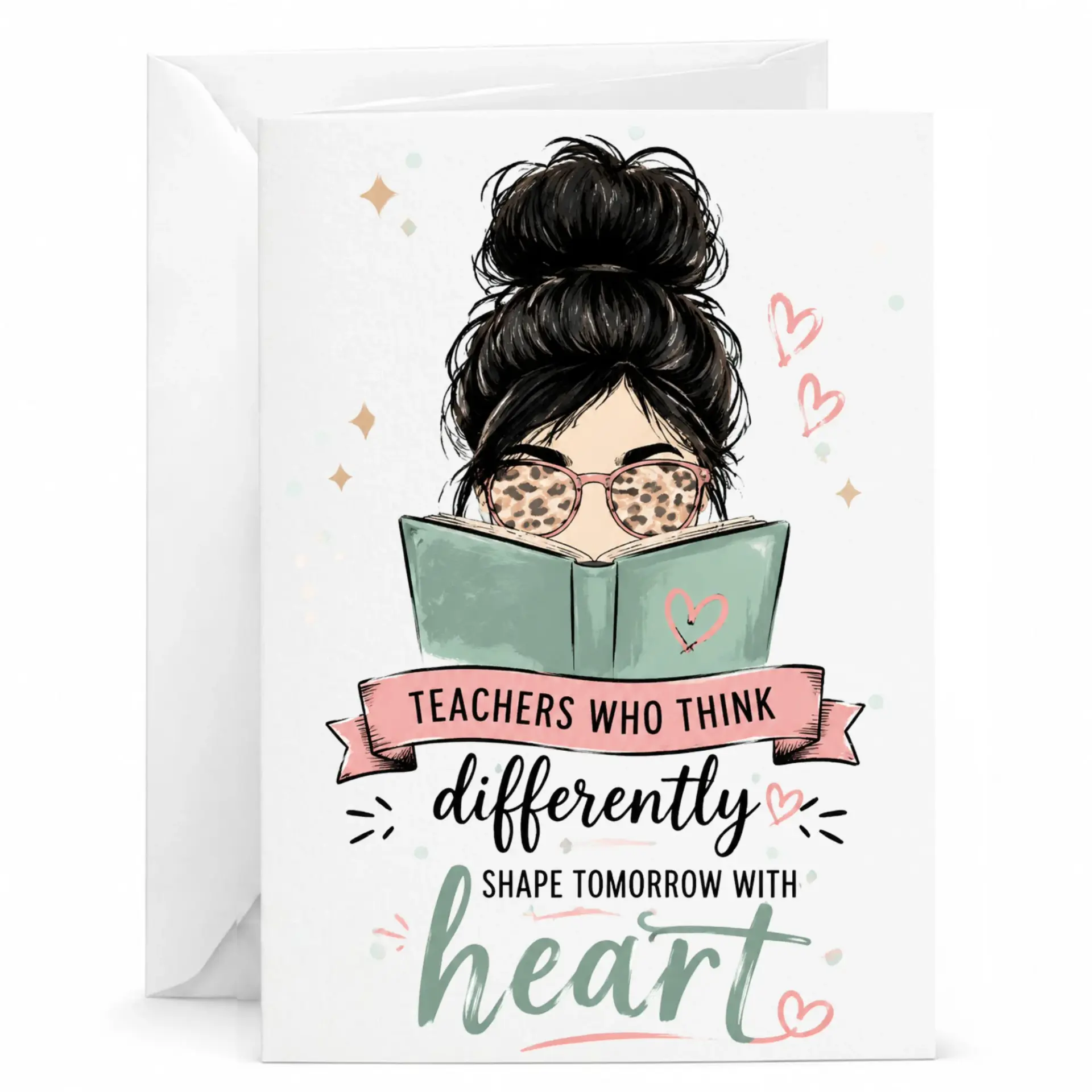 Greeting Card for Teacher Appreciation with Cute Illustration of Woman Reading a Book and Heartfelt Quote Design