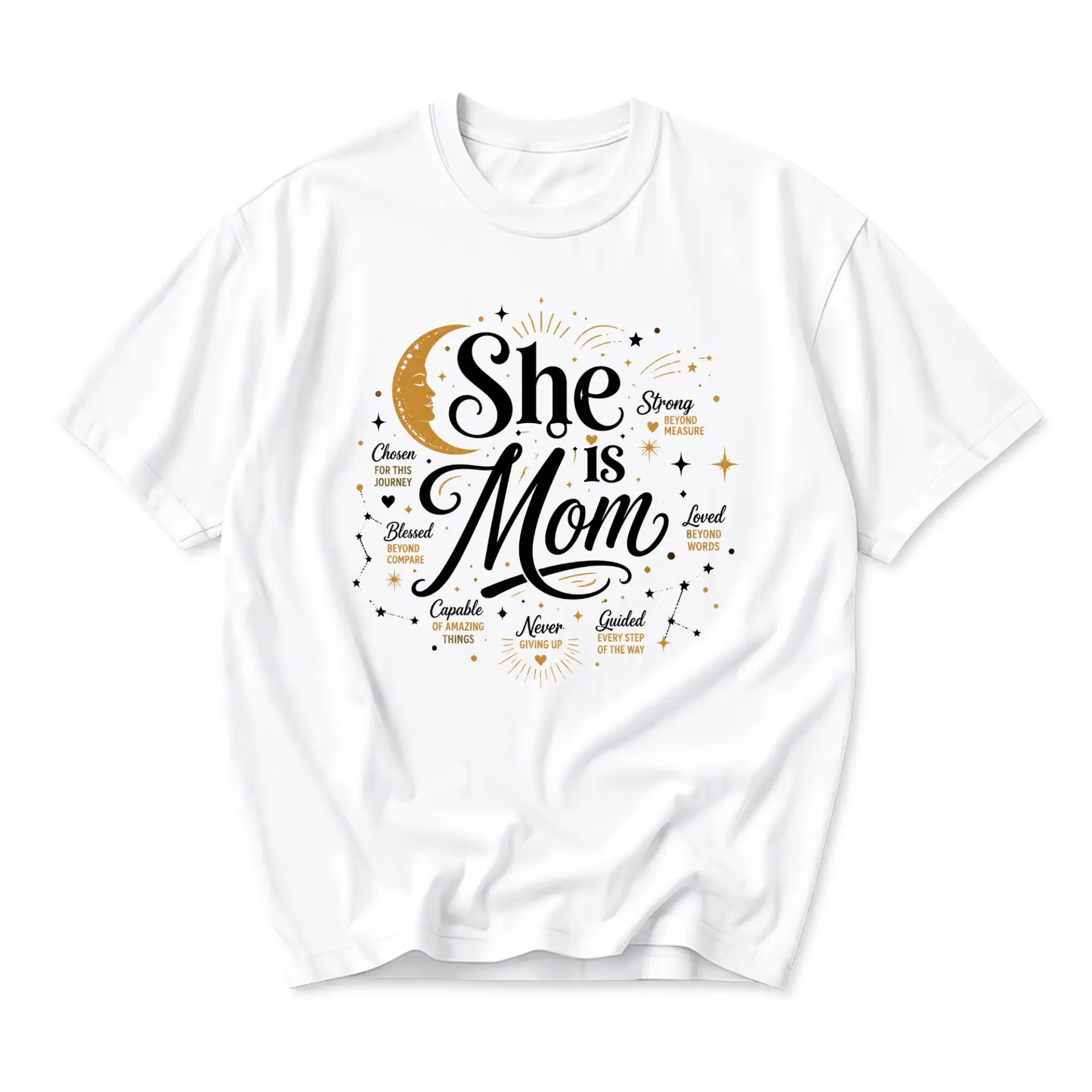 Graphic Tee She Is Mom Celestial Design Cotton Blend Unisex Crew Neck Casual Everyday Short Sleeve Shirt White Top